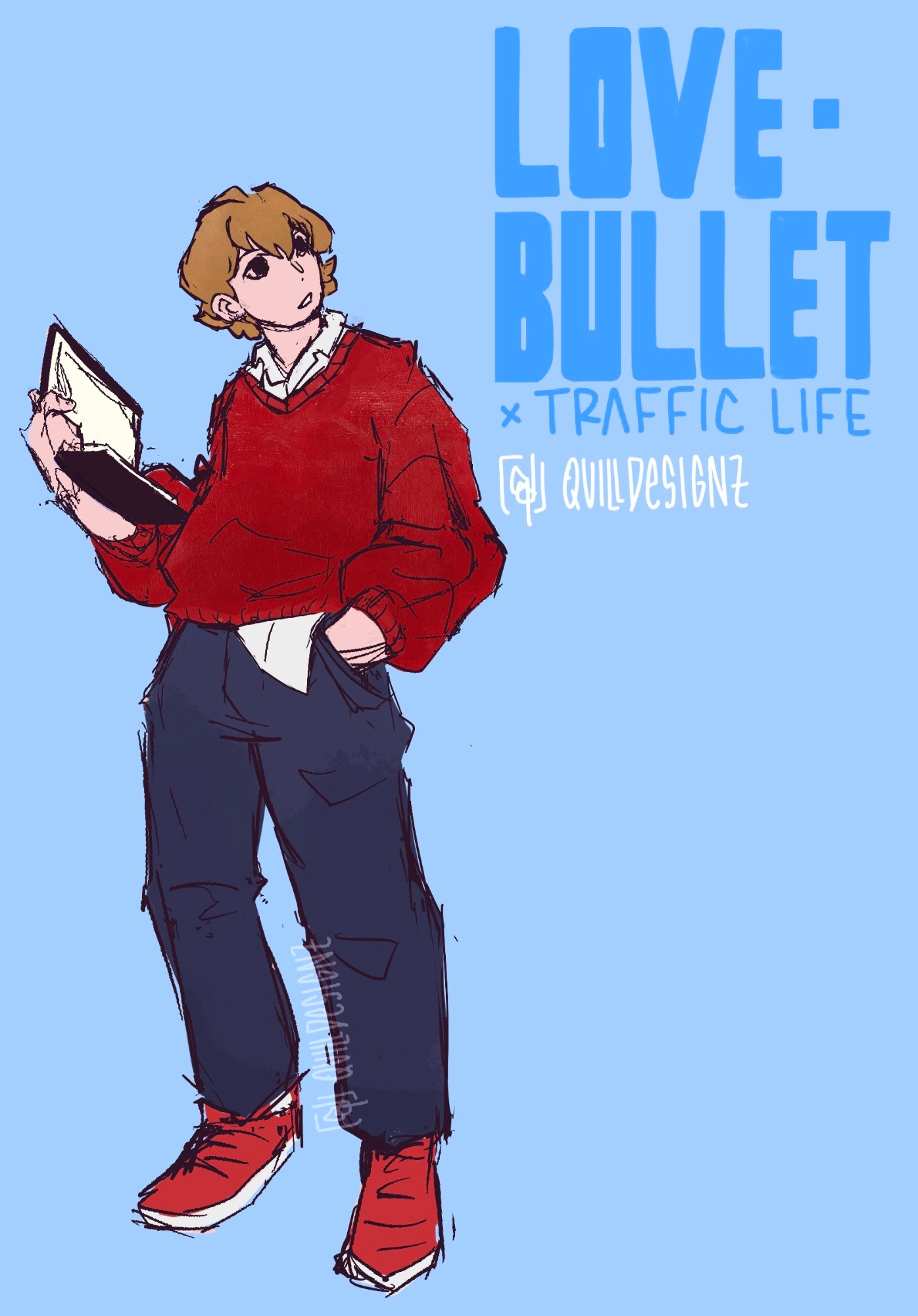 love bullet x traffic life
human grian in a red sweater with an untucked white collared shirt underneath, reading a book and looking to the right of the screen 