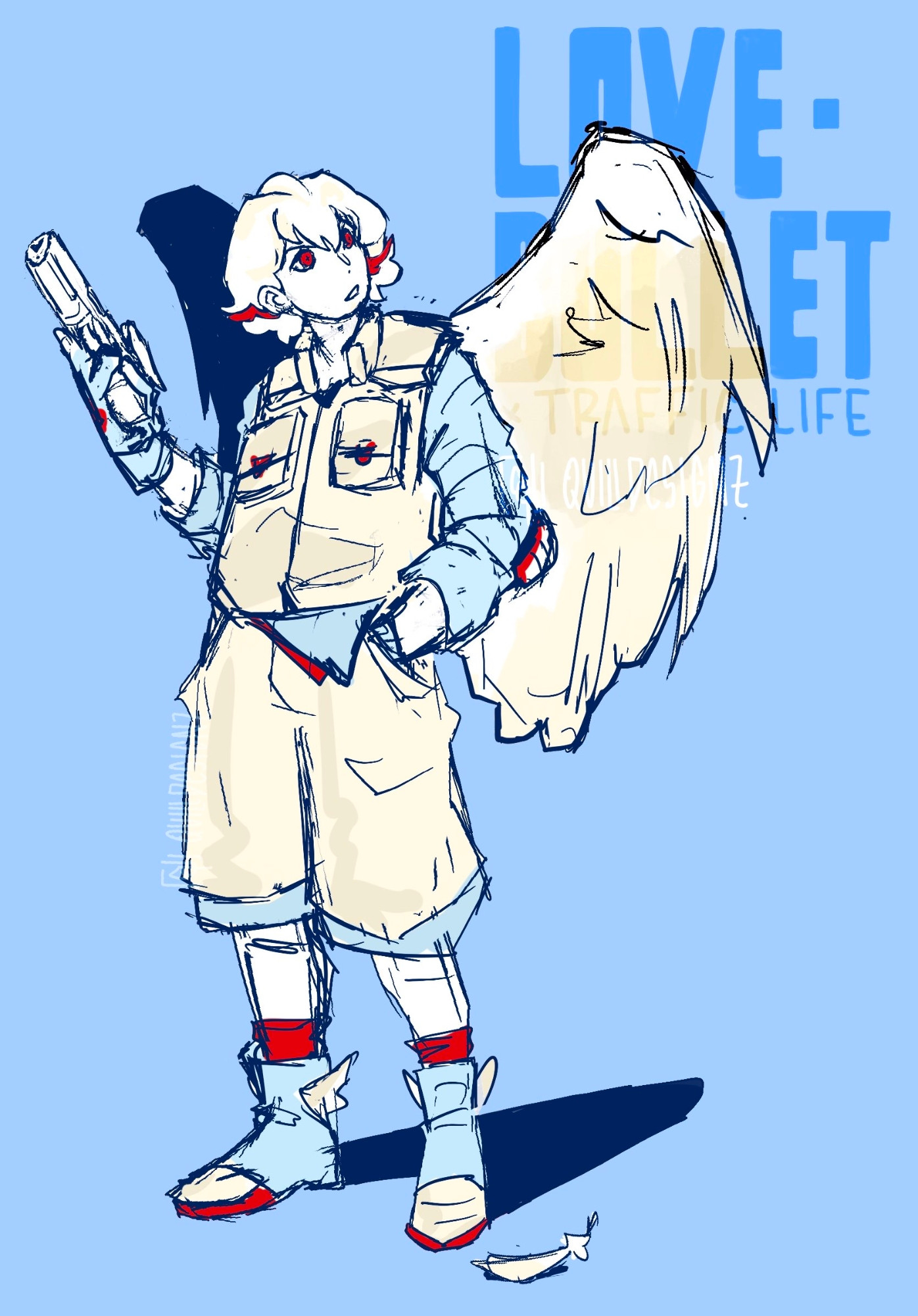 love bullet x traffic life
grian in the same pose as previously, but now he's mostly paper white wearing a tactical vest over a pale blue shirt with shorts and elbow pads. his eyes are red and he has wings and rather than a book, he's now carrying a pistol