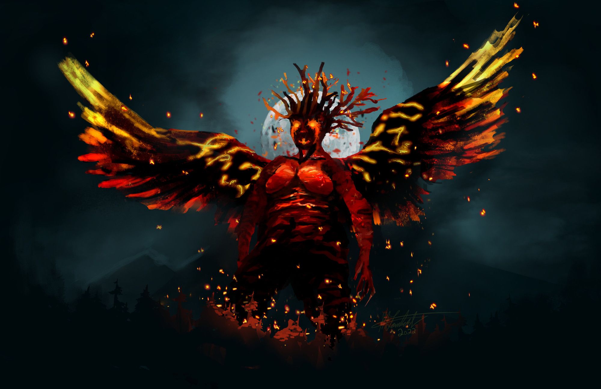 A giant fiery demon, with flaming wings towers over a forest, setting trees ablaze. the demon seems vaguely tree like.