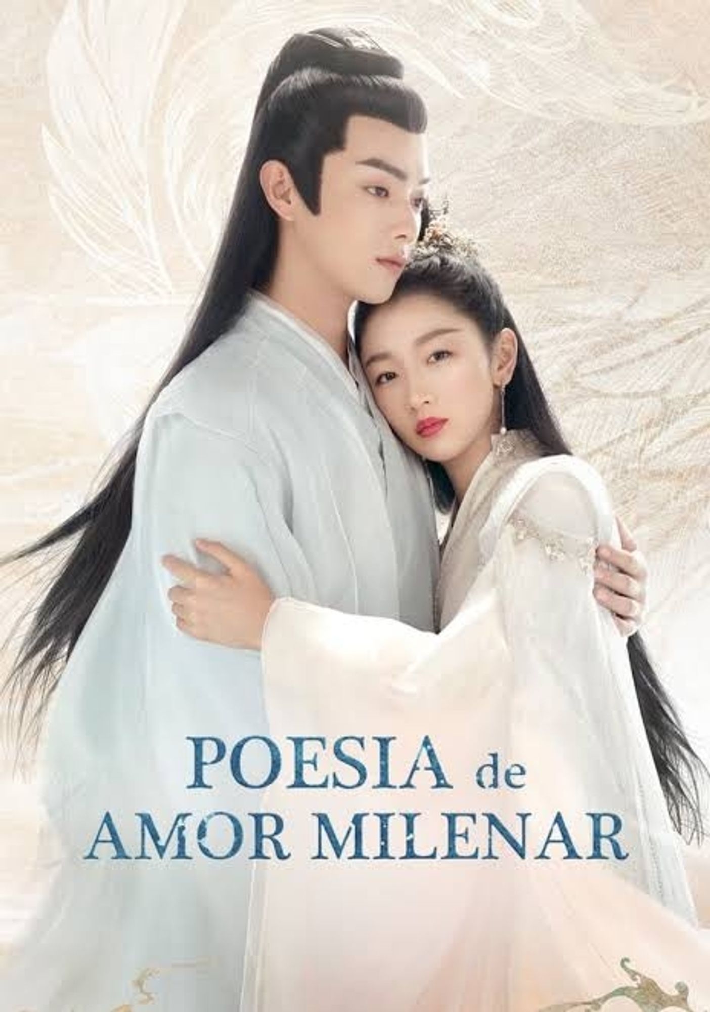 Cartaz da série Poesia de Amor Milenar, o casal abraçado, ela olha pra frente, séria, ele olha pra longe, triste.