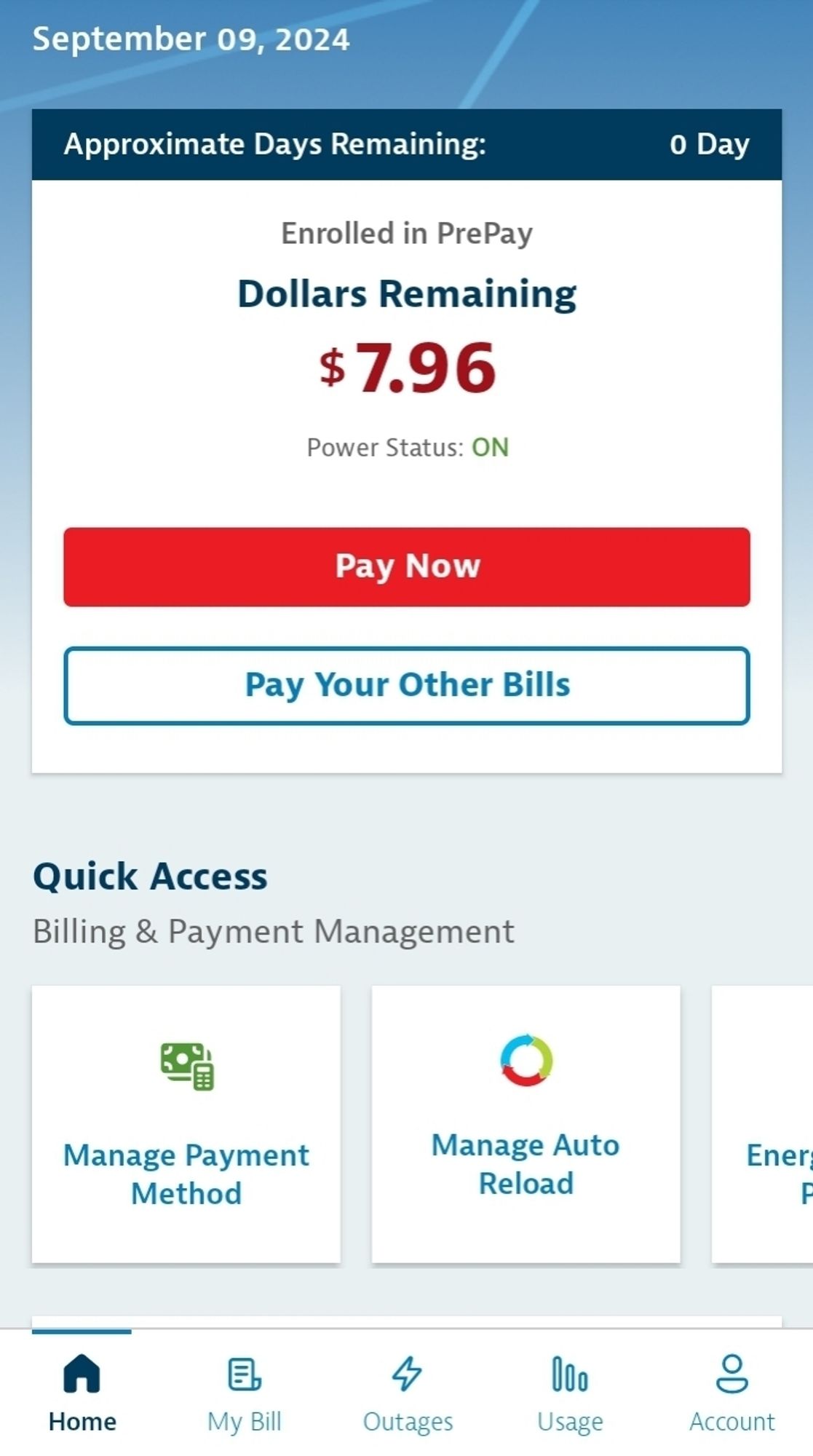 $7.96 left of electrical service. They will deduct today's service in the morning and will disconnect when it is at or below $0. Anything helps.