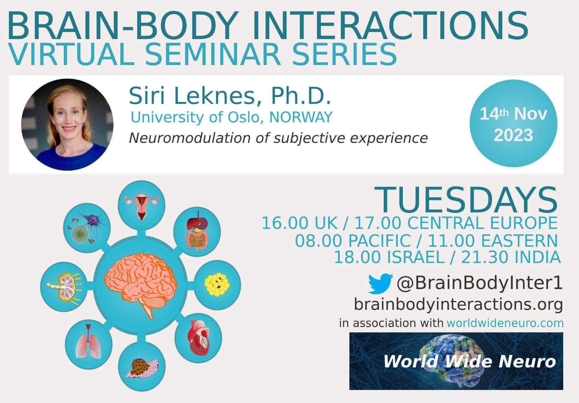 Brain body interactions Seminar series flyer for 14.11.23 with Siri Leknes. 16 UK Time.