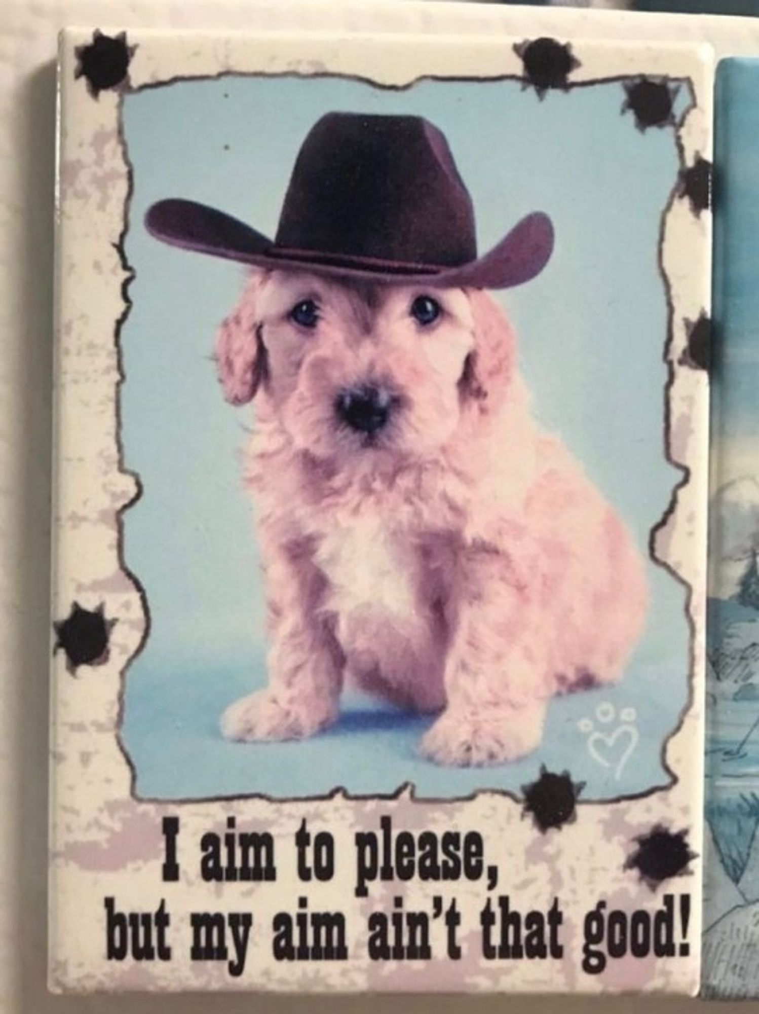 puppy in a cowboy hat with text "I aim to please, but my aim ain't that good!"