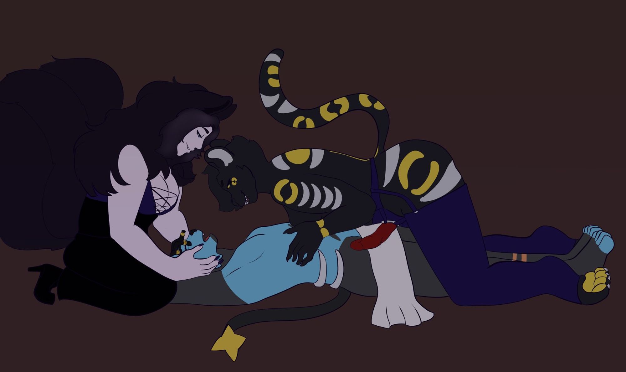 Desiree, a human fox hybrid, Amaya, a sabertooth Tiger, and Azure, a shinx, have been drawn recreating a twitter picture where Azure is under the two woman making a very sus face, with Amaya directly above him, strap on laying on Azure's thigh, with Desiree holding Azure's head for reassurance and to keep him grounded.