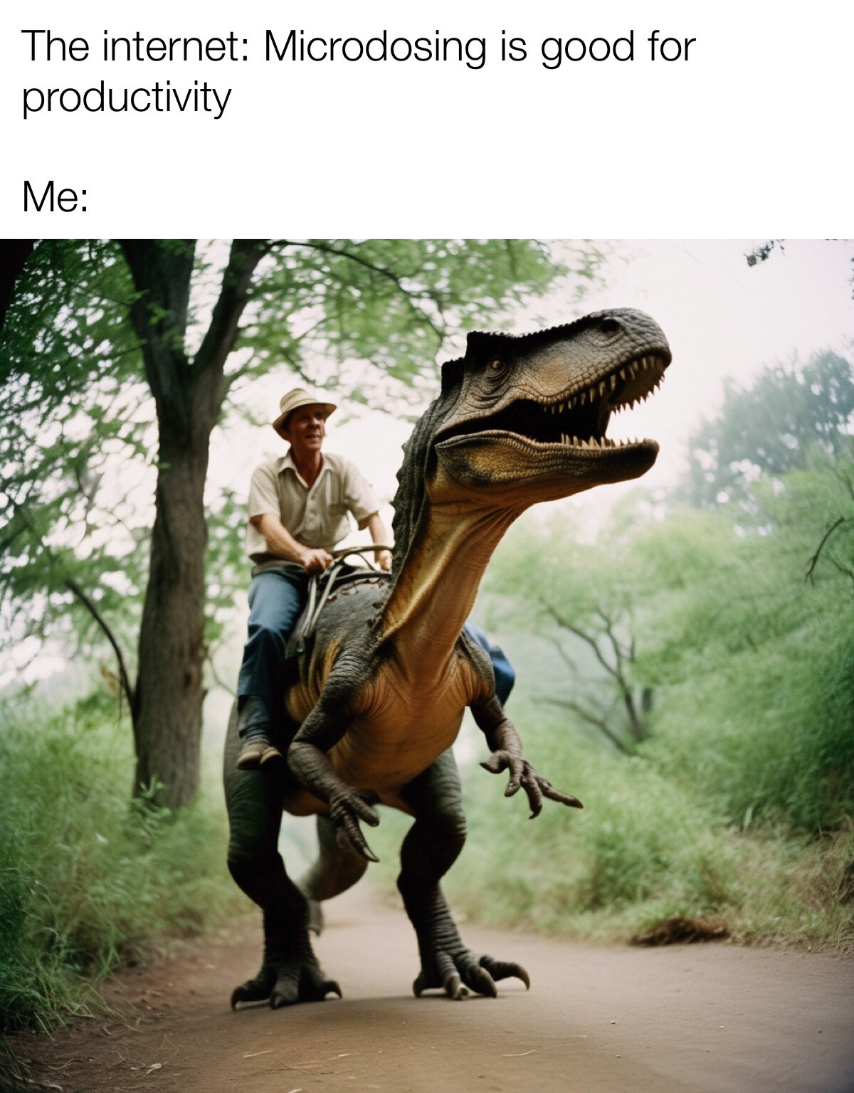 Analogue style picture of a man riding a small Tyrannosaurus rex dinosaur.