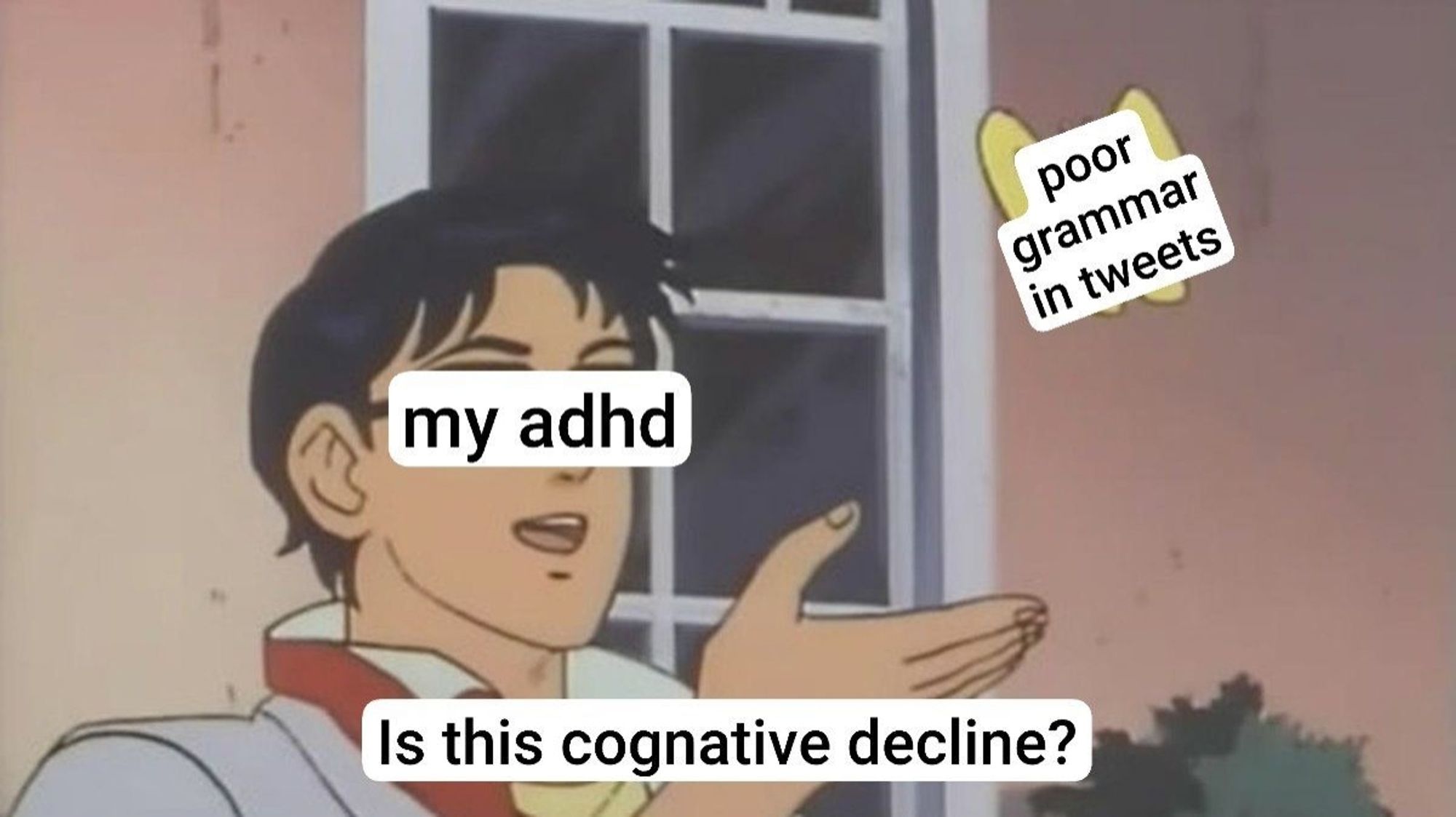 Is this a pigeon? meme. Butterfly:poor grammar in tweets. My adhd: Is this cognative decline?