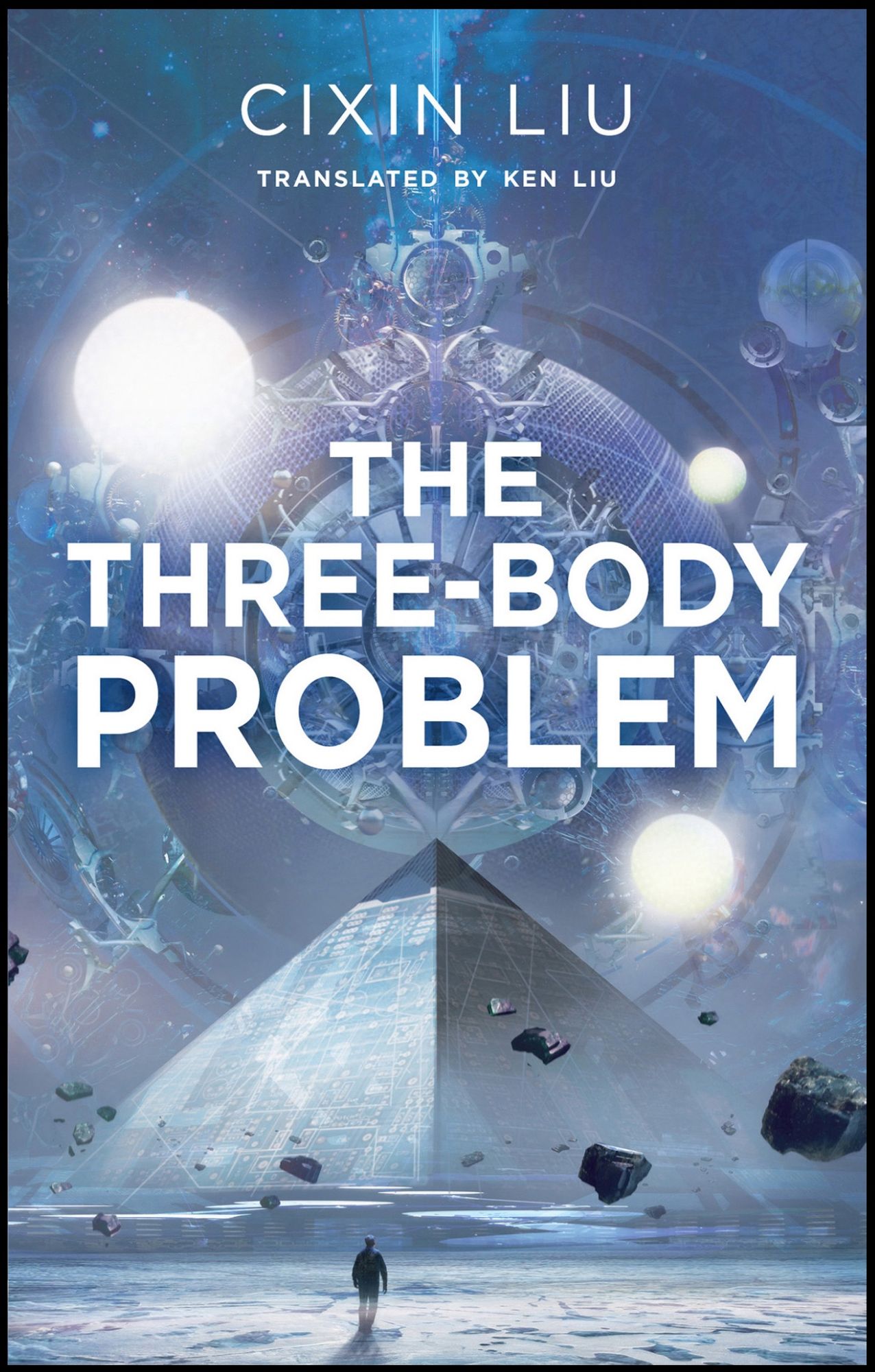 This is an image of the book cover for *The Three-Body Problem* by Cixin Liu, translated by Ken Liu. The cover features a cosmic scene with a large pyramid in the foreground and various celestial bodies and abstract mechanical structures in the background. The title and author's name are prominently displayed in bold white text against the blue and purple tones of the space-themed illustration. A lone figure stands before the pyramid, adding a sense of scale and mystery to the scene.