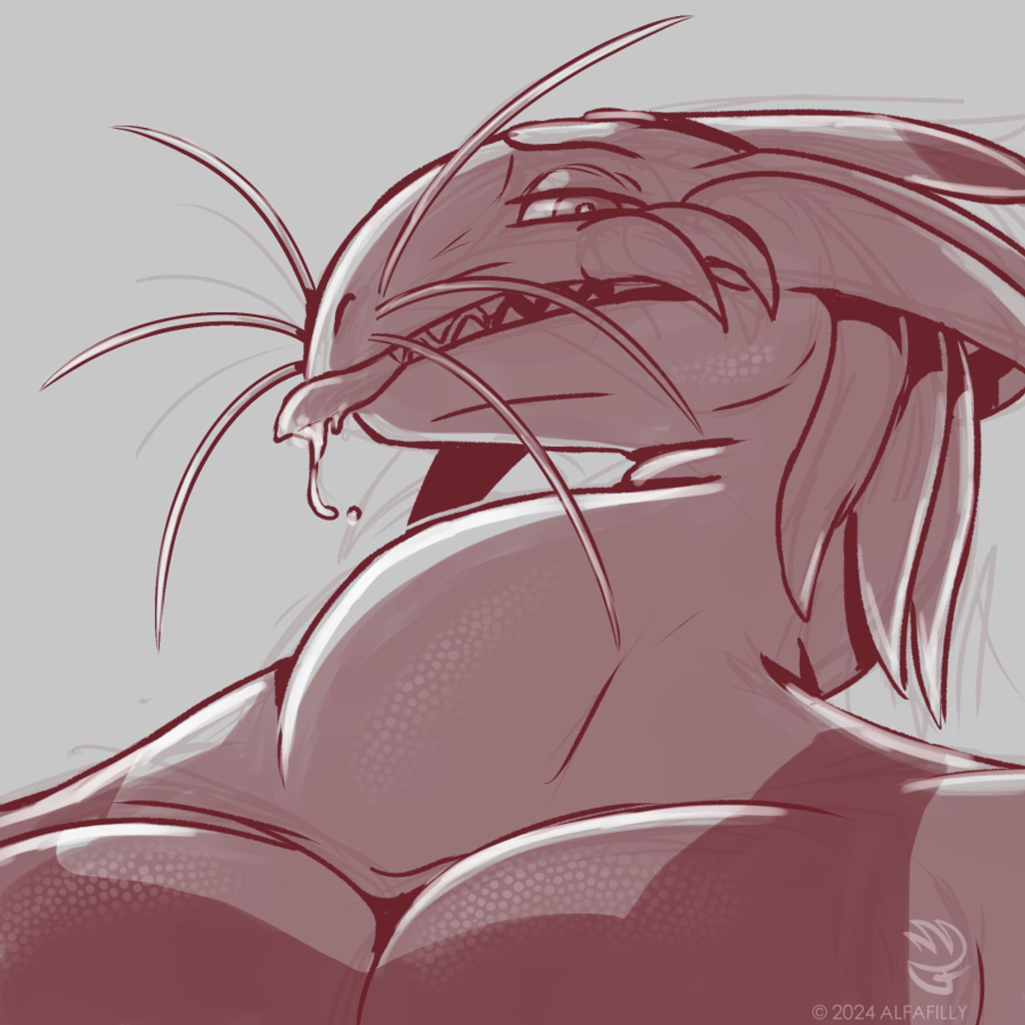 Bust shot of a dragon man (Akemi) done in a sketchy style with backlighting. He's licking his lips and looking down at the viewer.