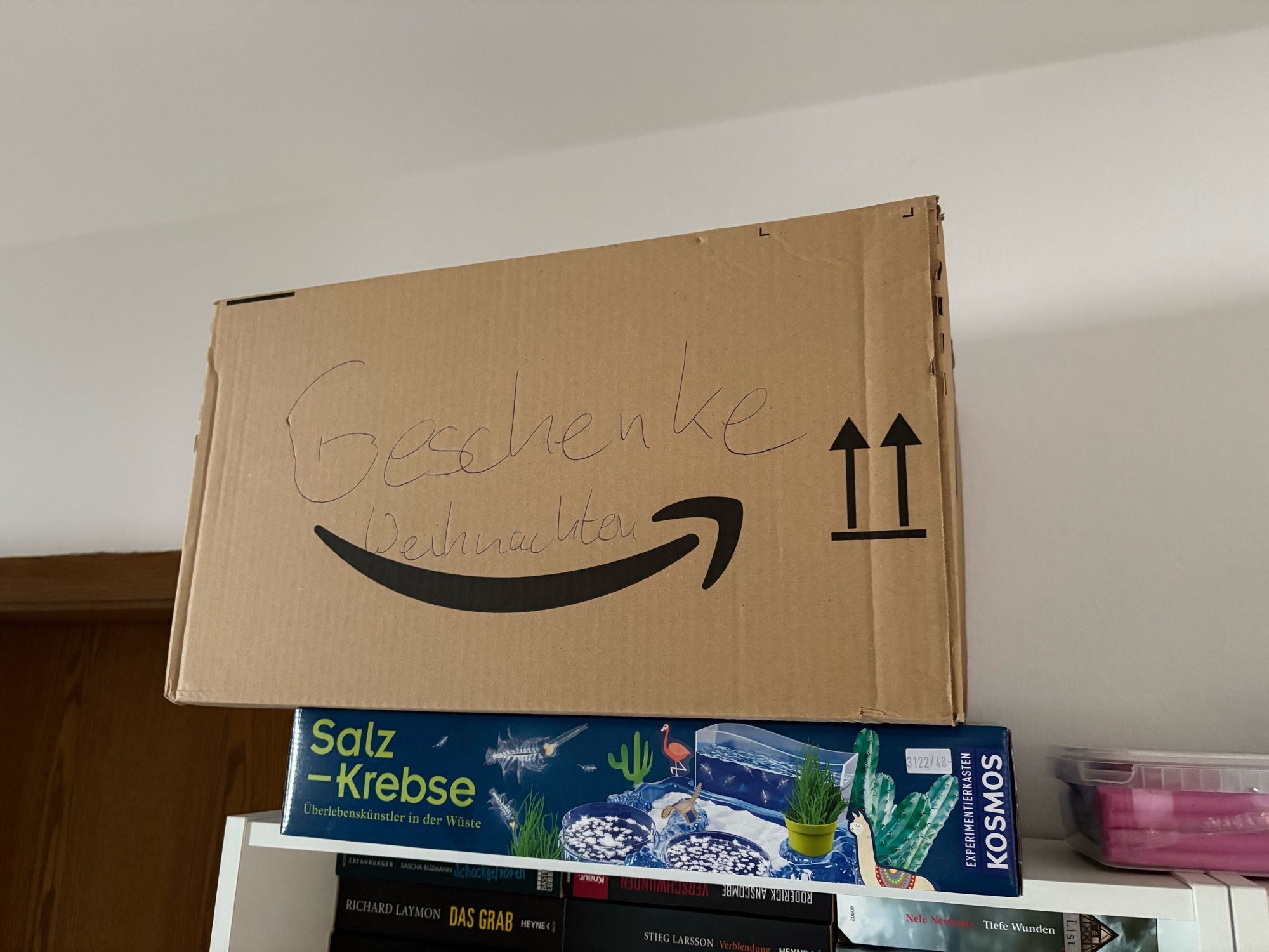 Amazon Karton auf einem Regal. Darauf steht Geschenke Weihnachten.