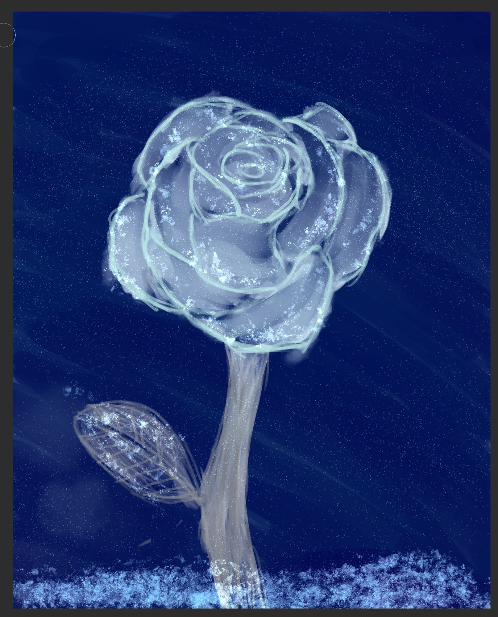 A screenshot from clip studio paint, of a rose outlined in a bright light blue, its petals a light grey, with the dark blue visible through them and in certain patches. The stem is a wiry looking dark and light grey.