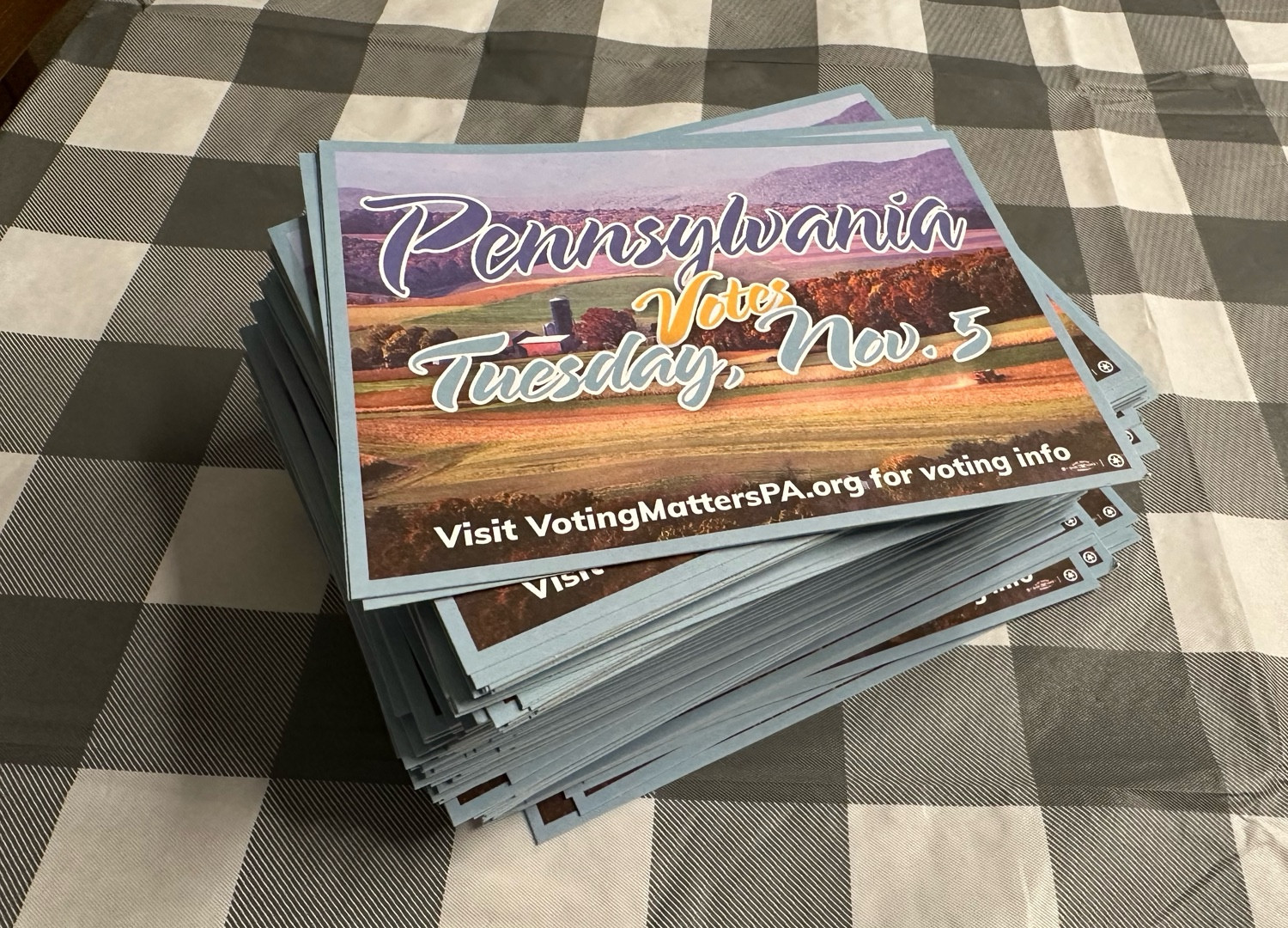 A stack of 200 postcards reading “Pennsylvania Votes Tuesday Nov 5th”