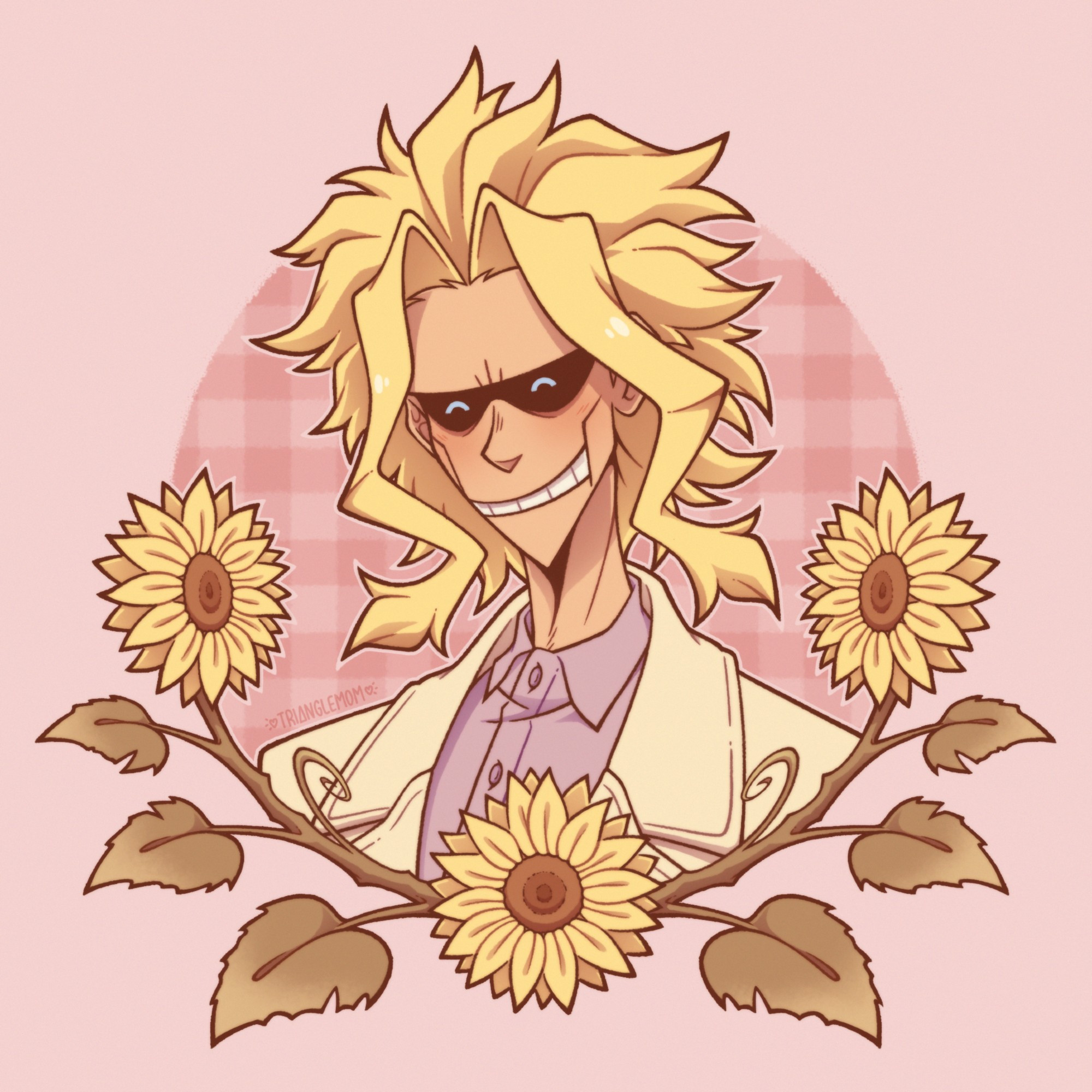 An bust illustration of Toshinori Yagi from My Hero Academia. He's wearing a pale tan overcoat with a lavender button up shirt and smiling with his eyes closed. The frame in front of him is made up of sunflowers, and the background is a pink-ish color with a simple gingham patterned circle framing him from behind.