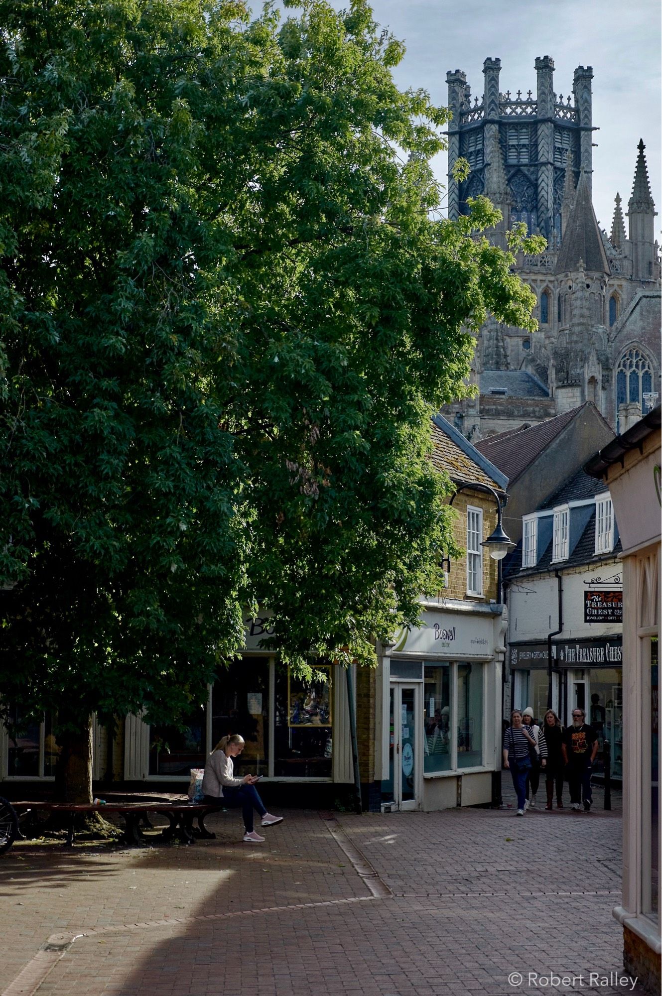 A couple of shops on a short street (High Street Back) that thins to a narrow passage, all overlooked by the cathedral. There is a group of people emerging from the narrowest part (High Street Passage, though how they avoided calling it High Street Back Passage I don't know). In the foreground is a large tree with a woman sitting underneath it.