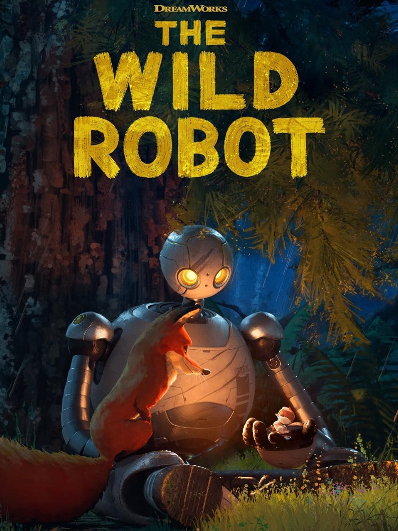 Poster de la película The Wild Robot. Se ve al personaje principal, un robot, sentada en la base de un árbol, tiene a un zorro sobre una de sus piernas y a un ganzo bebé en una de sus manos.