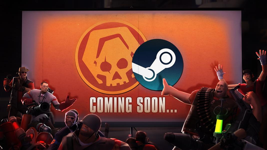 the cast of Pre-Fortress 2 all pointing at a project screen that says "Coming Soon" with the PF2 and Steam logo on top of each other. the ground is covered in weapons and grenades.