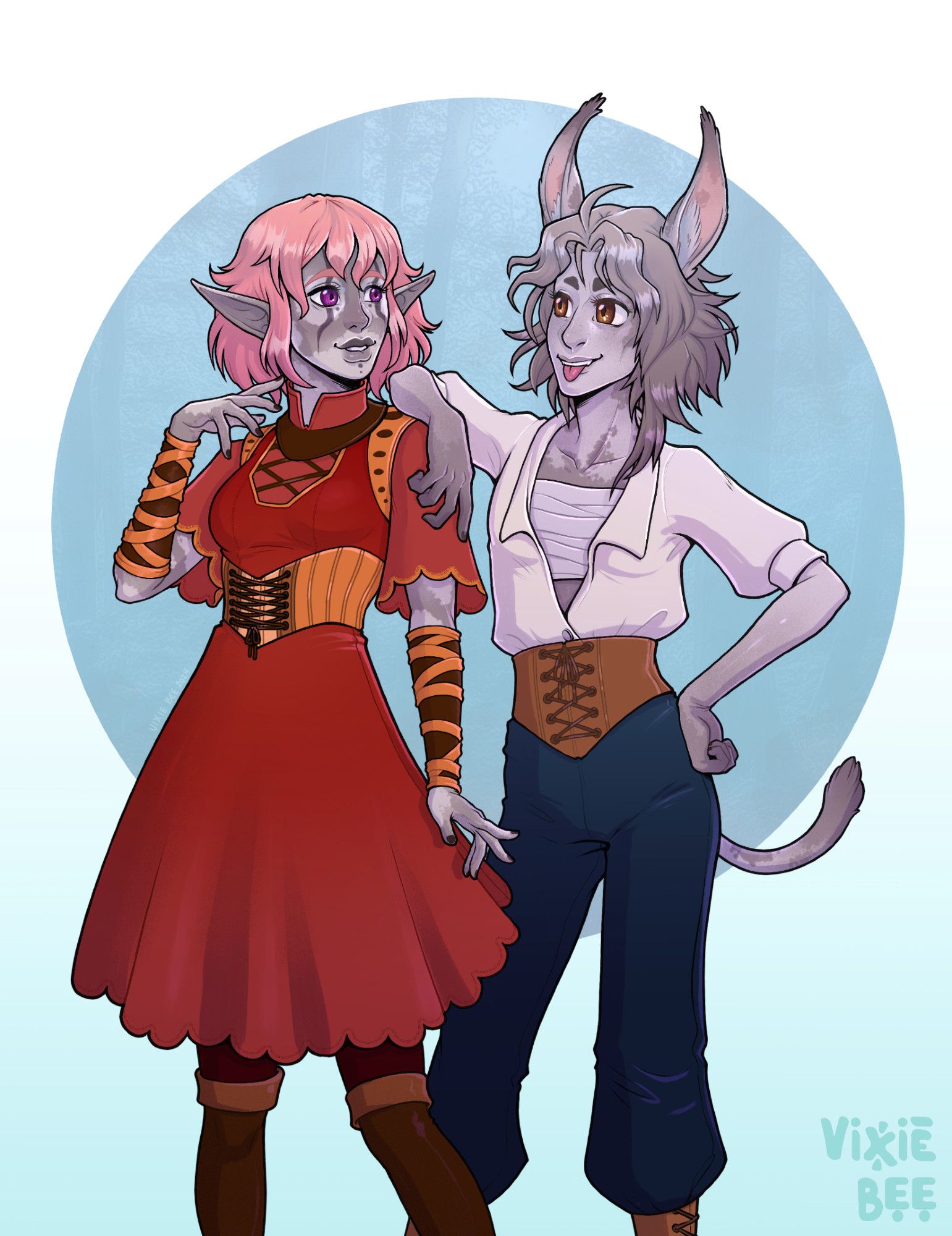 A digital drawing of two grey skinned fantasy characters, one leaning with their elbow on the others shoulders while they grin at one another. one is in a red dress and has pink hair, the other is in a dress shirt and dark blue pants and has a donkey tail and ears.