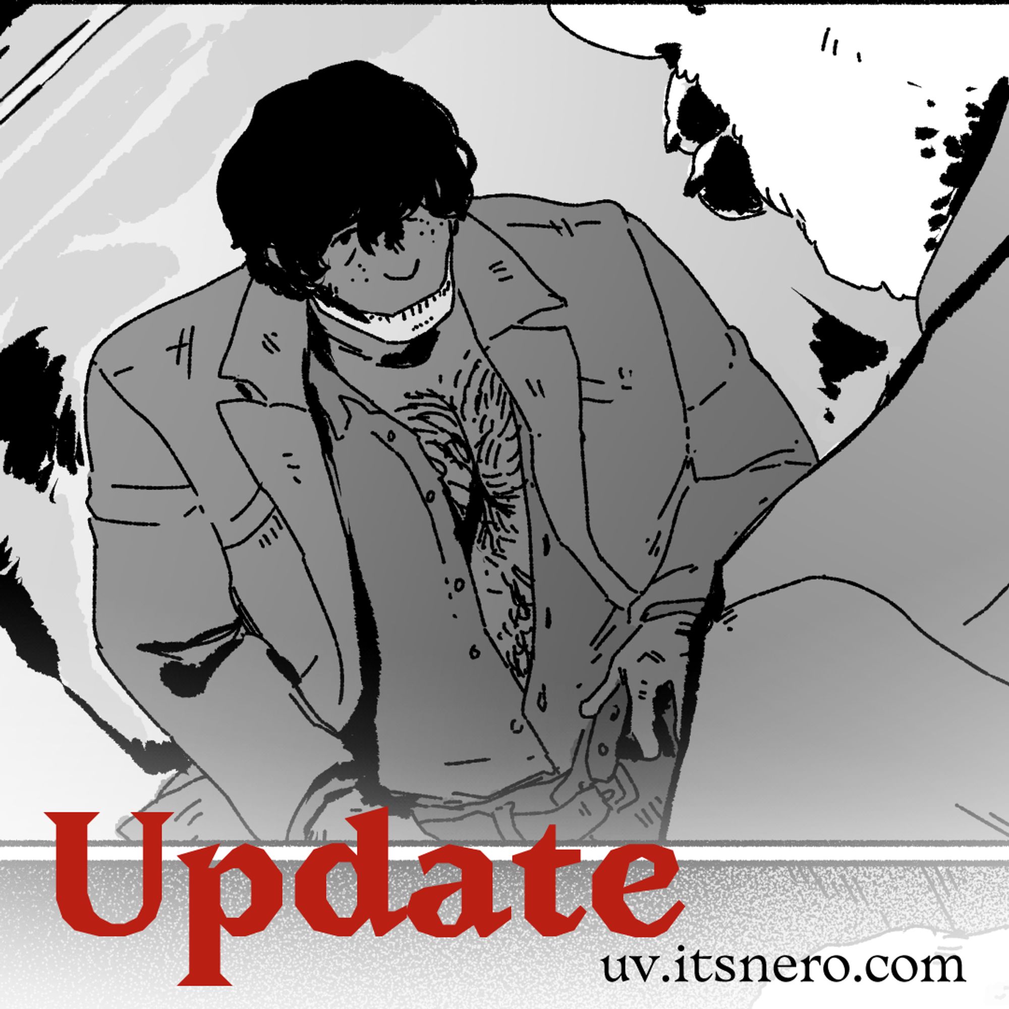 Comic update banner. A drawn image of a man with his shirt unbuttoned pushing himself up on his arms. His pants are unbuckled.