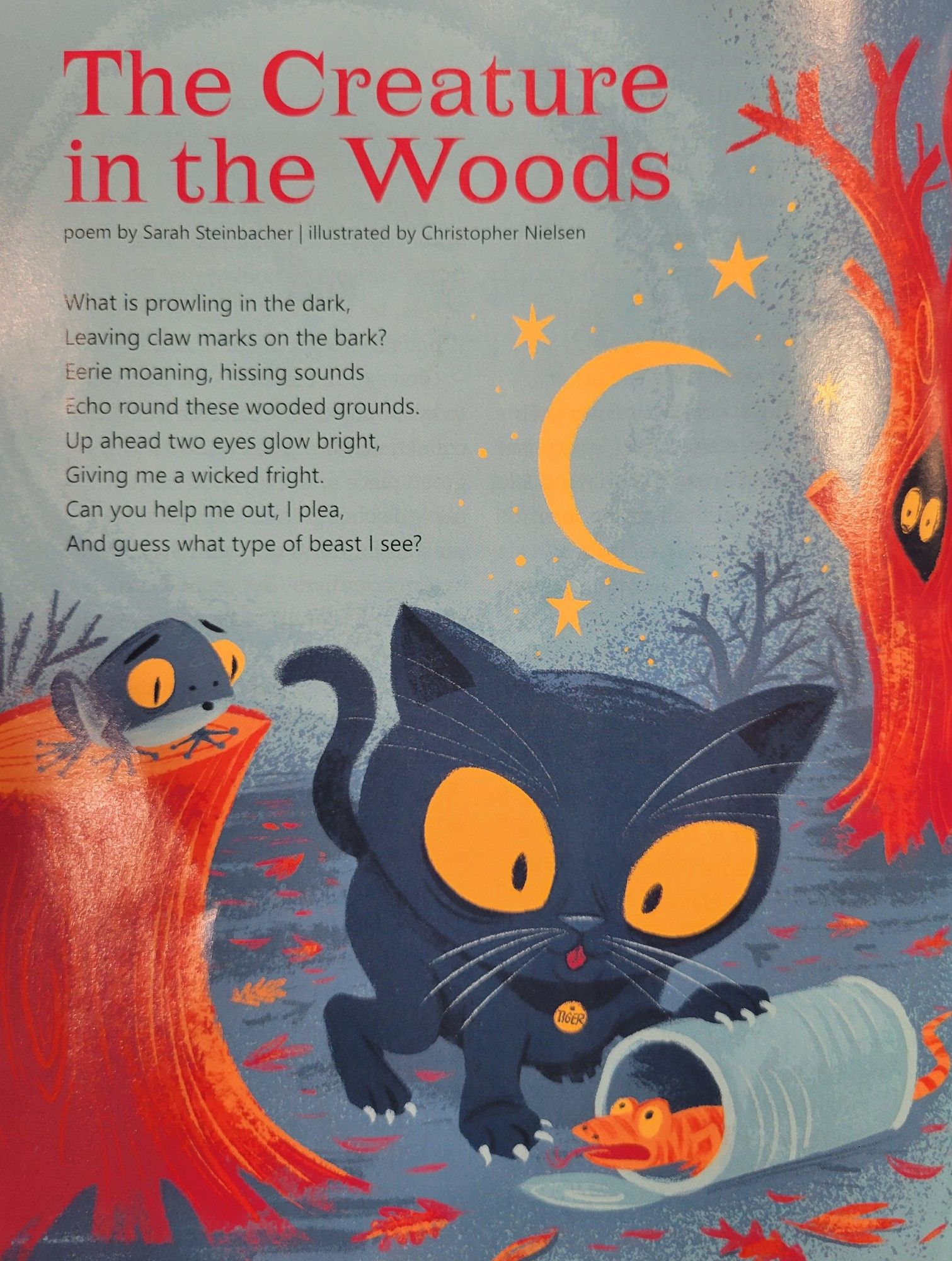 "The Creature in the Woods" poem by Sarah Steinbacher is a rhyming 8-line poem that describes a scary hidden creature in the woods that readers can assume is actually a cat. The illustrations by Christopher Nielsen show a friendly black cat in a wooded nighttime scene. There is also a frog on a stump, a lizard in a tin can, and a pair of eyes looking out of a tree hollow.