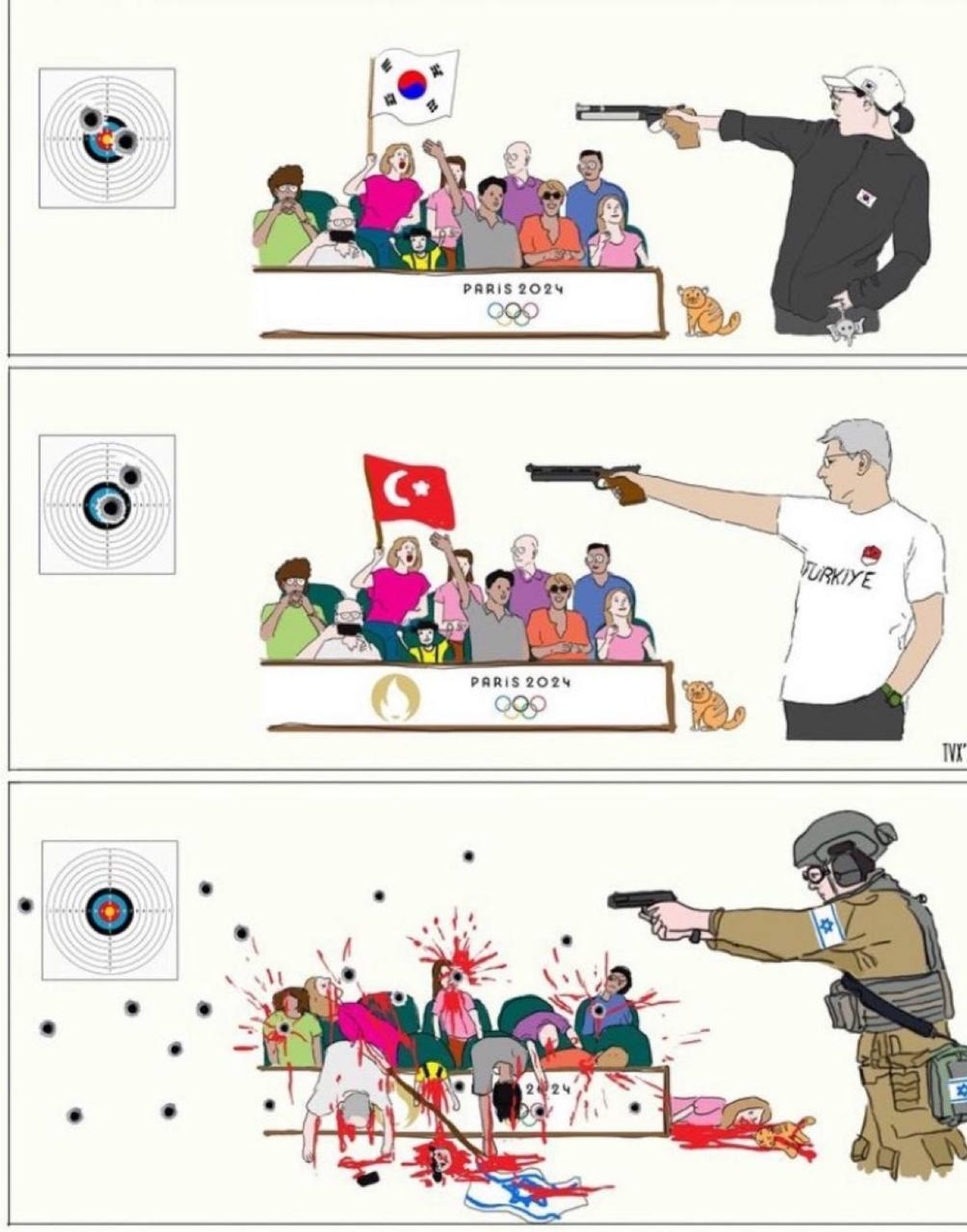 Three Olympic shooters, the South Korean one with all the fancy gear, the Turkish one without the fancy gear, and an idf soldier that shoots the crowd instead of the target