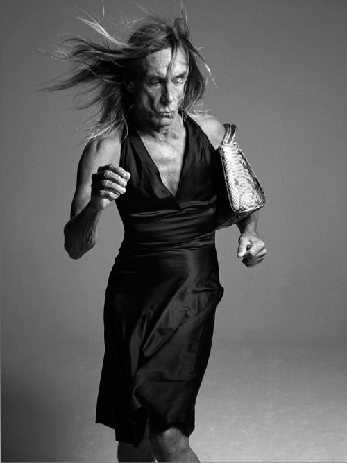 Iggy Pop looking amazing in a black satin dress