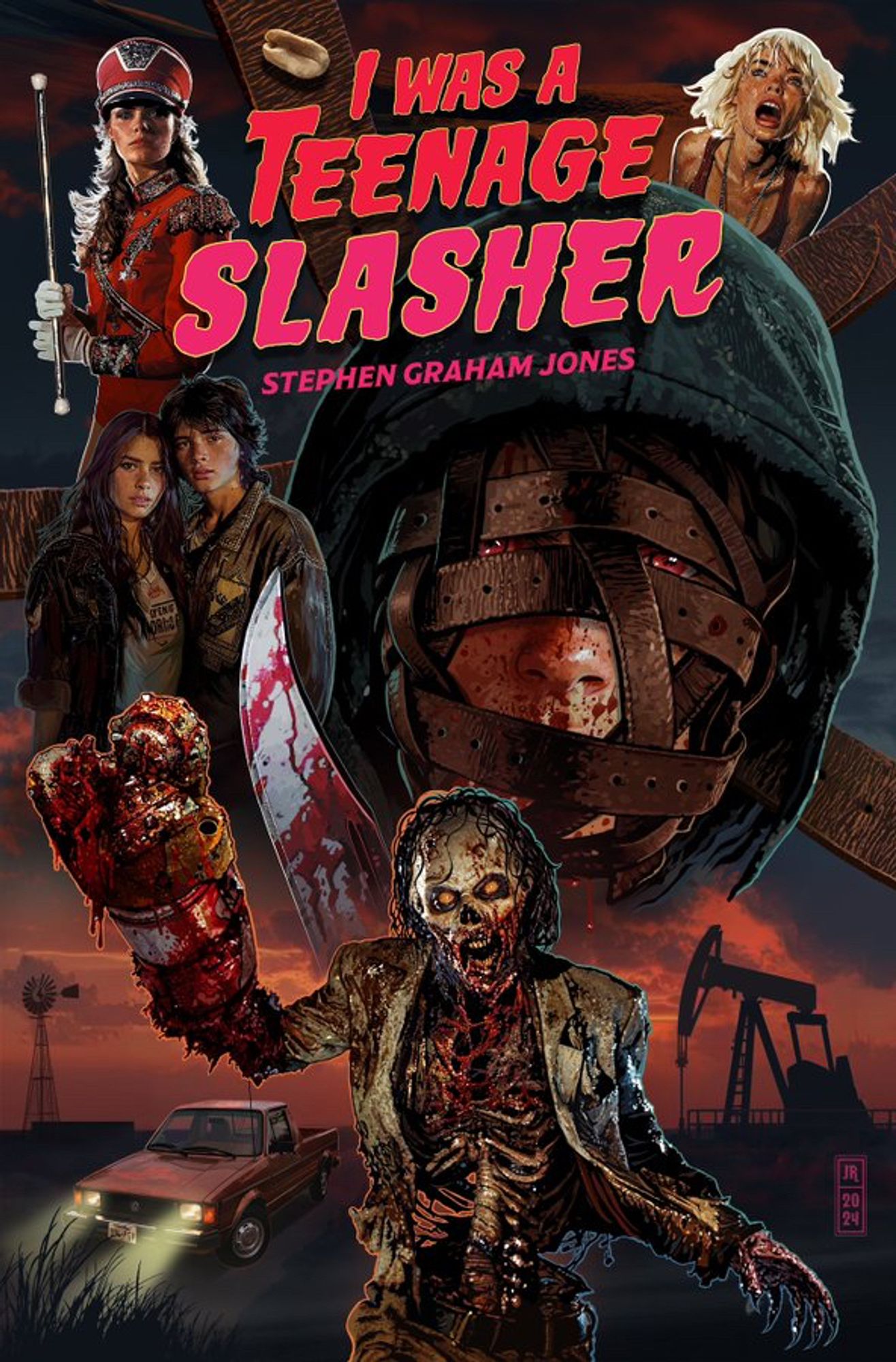 movie-style poster for Stephen Graham Jones's novel I Was a Teenage Slasher (decayed slasher with a drillbit hand, another slasher in a mask made of belts, an 82 VW truck, a marching band member, a peanut, some belts, a pumpjack, a windmill, a slasher victims, and a couple kids who are both lucky to have each other and doomed to know each other . . . )