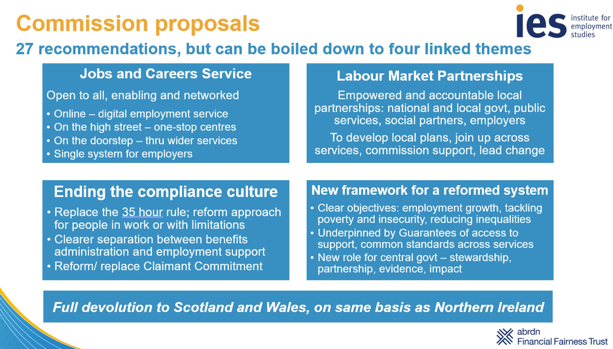 Slide showing Commission proposals - 27 in total but can boil down to four themes:
1. Jobs and Careers Service Open to all, enabling and networked; delivered Online, On the high street (one stop centres), On the doorstep (thru wider services); with a single system for employers
2. Labour Market Partnerships - Empowered and accountable bringing together national and local govt, public services, social partners, employers; to develop local plans, join up across services, commission support, lead change
3. Ending the compliance culture - Replace the 35 hour rule; reform approach for people in work or with limitations; Clearer separation between benefits administration and employment support; Reform/ replace Claimant Commitment
4. New framework for a reformed system - Clear objectives: employment growth, tackling poverty and insecurity, reducing inequalities; underpinned by Guarantees of access to support/ common standards across services; and new role for central govt.