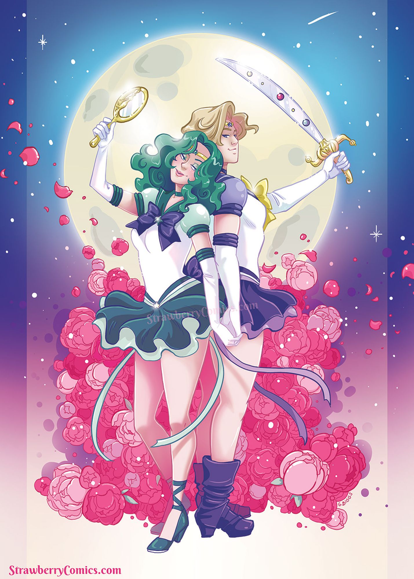 Sailor Neptune x Sailor Uranus back to back in uniform with their talismans in hand. Behing them a bright moon and roses