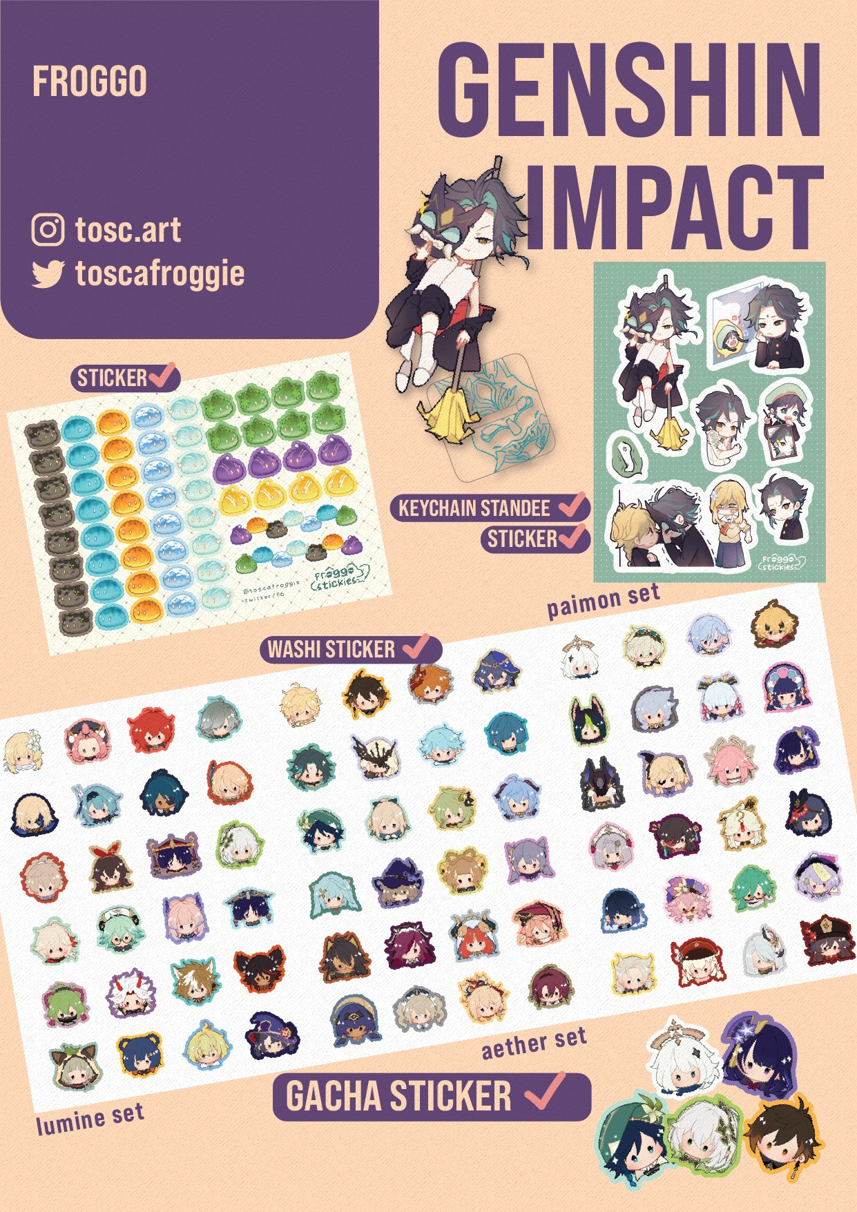 picture of tosca fanmerch featuring xiao and almost every playable character until sumeru patch