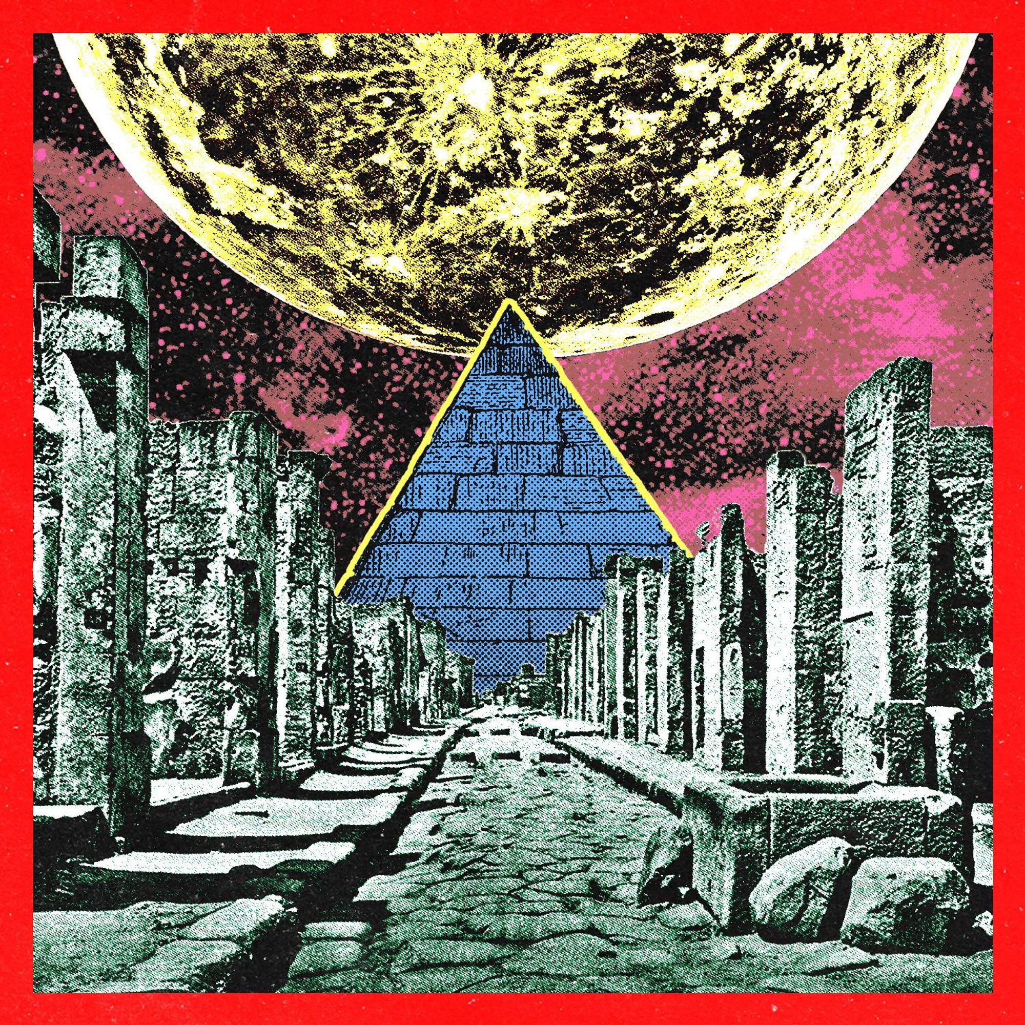 A street of ancient stone columns leads to a blue pyramid beneath a gigantic yellow and black moon and a purple and black starfield.