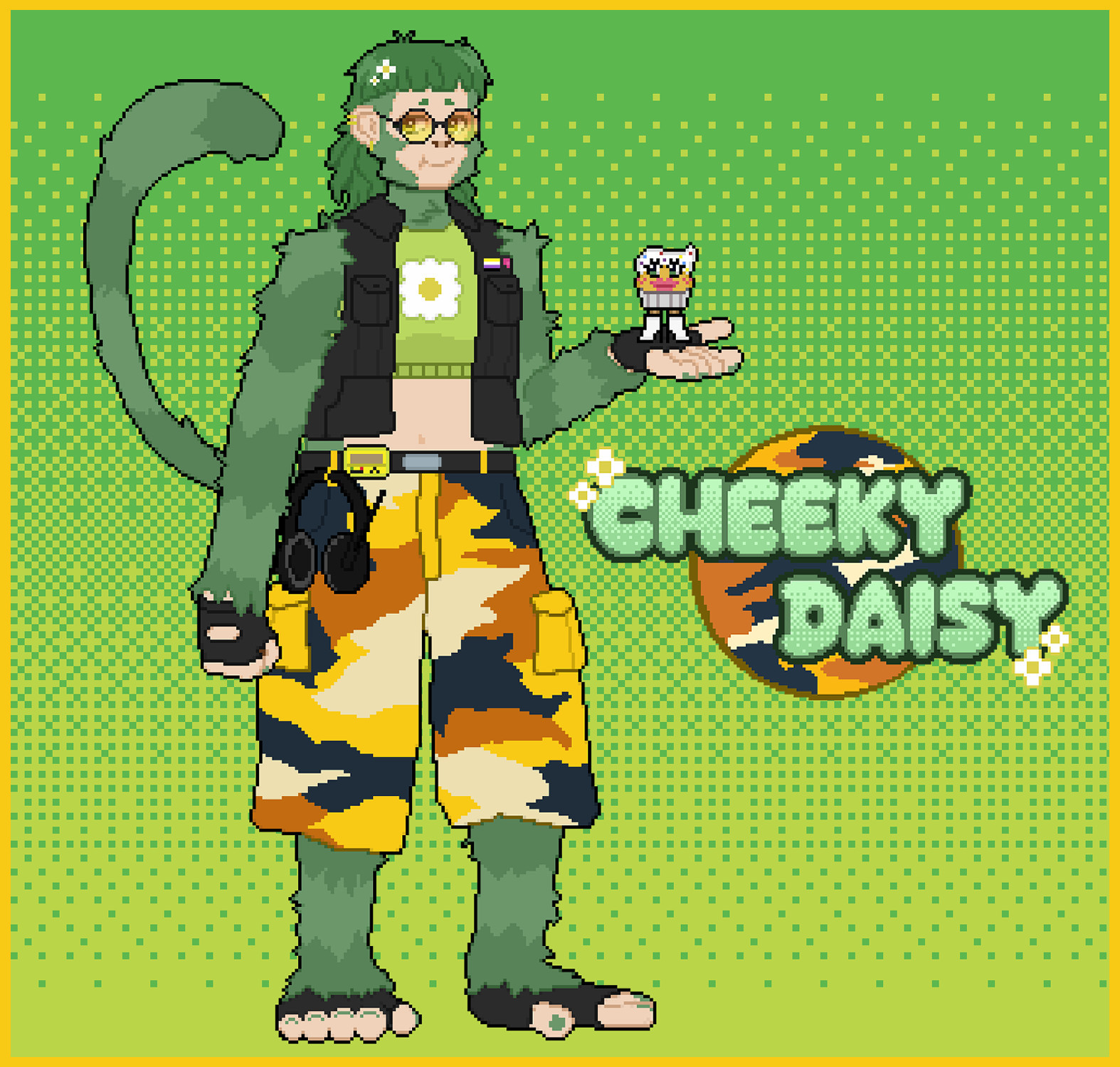 A reference sheet for CheekyDaisy.

Daisy, the monkey fursona with a mullet, green fur and exaggerated features, poses with their cupcake mascot Miss Sprinkle. Daisy is wearing orange/yellow tinted glasses, a cropped shirt with a sleeveless vest, yellow camo cargo shorts, and fingerless gloves on their hands and feet. Attached onto their cargo shorts are a pair of headphones with antenna on each ear, and a neon yellow pager. Miss Sprinkle is a yellow cupcake that wears go-go boots, and has whipped cream with sprinkles on top.