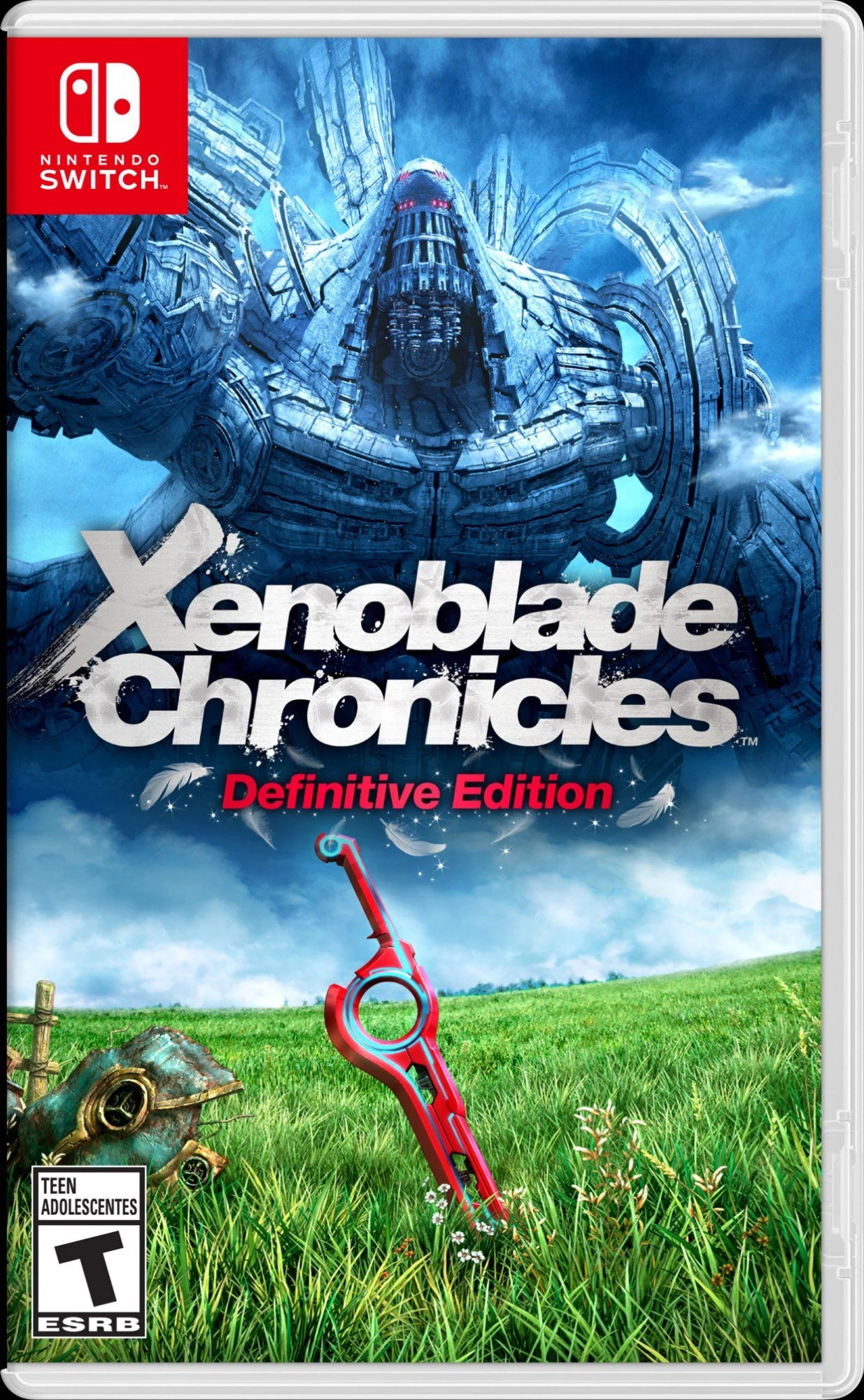 The box art for Xenoblade Chronicles: Definitive Edition, showing the Monado sitting in a field with the Mechonis towering over it