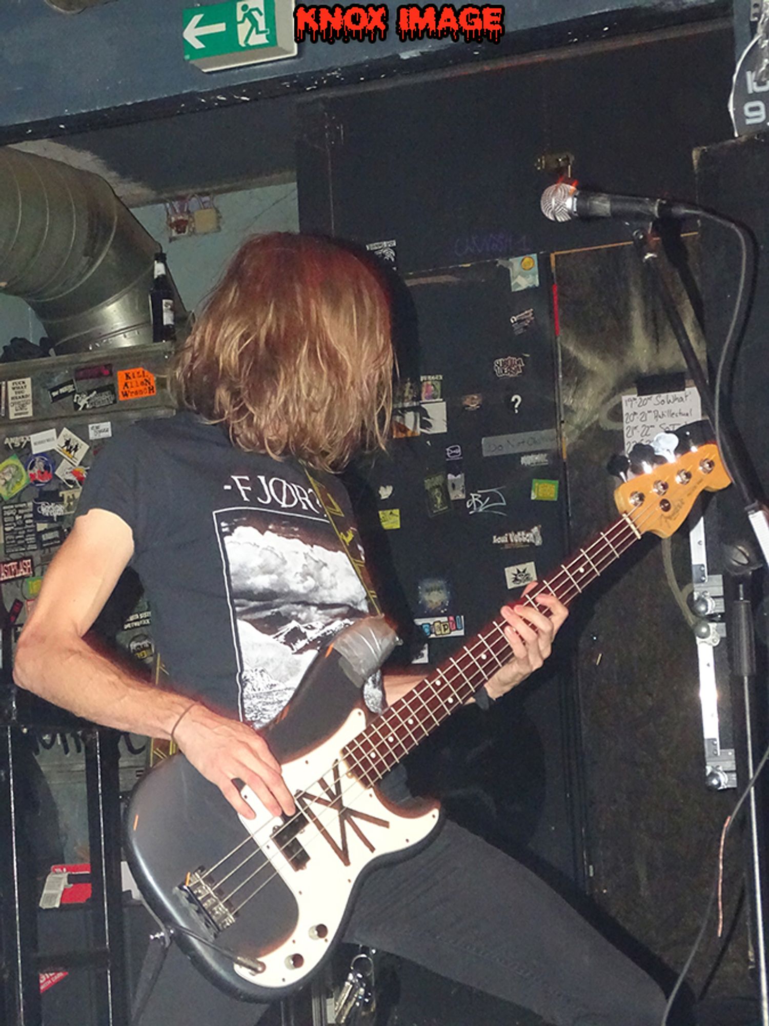 punk basser mit langen haaren auf bühne