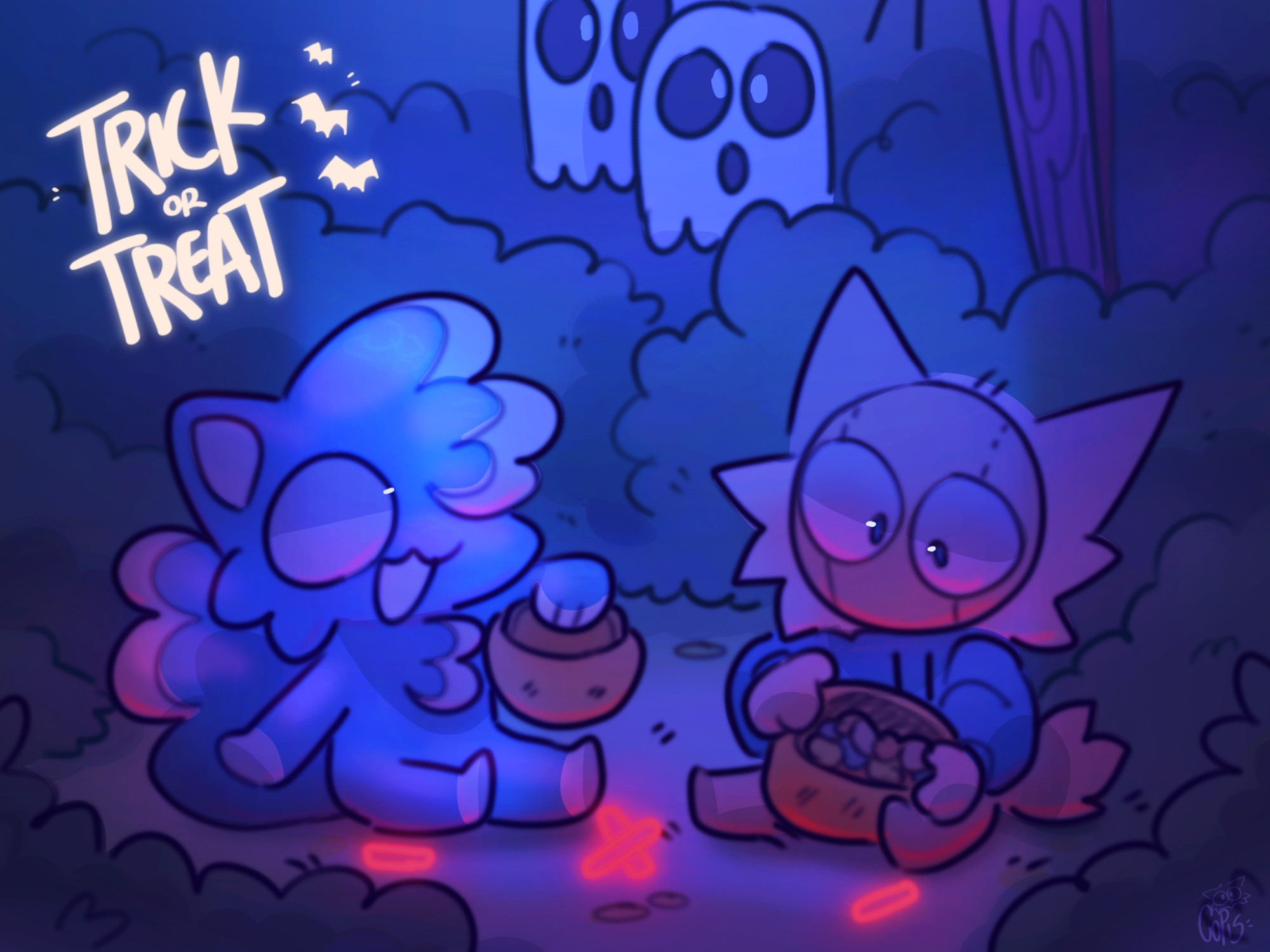 Wopper and Copis in a forest with a bag of candy on Halloween night