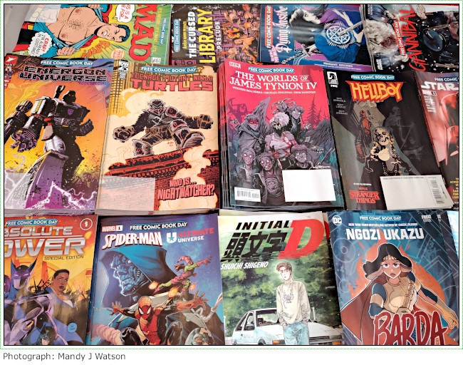 A selection of comics that were on offer for Free Comic Book Day 2024 at Readers Den in Cape Town.