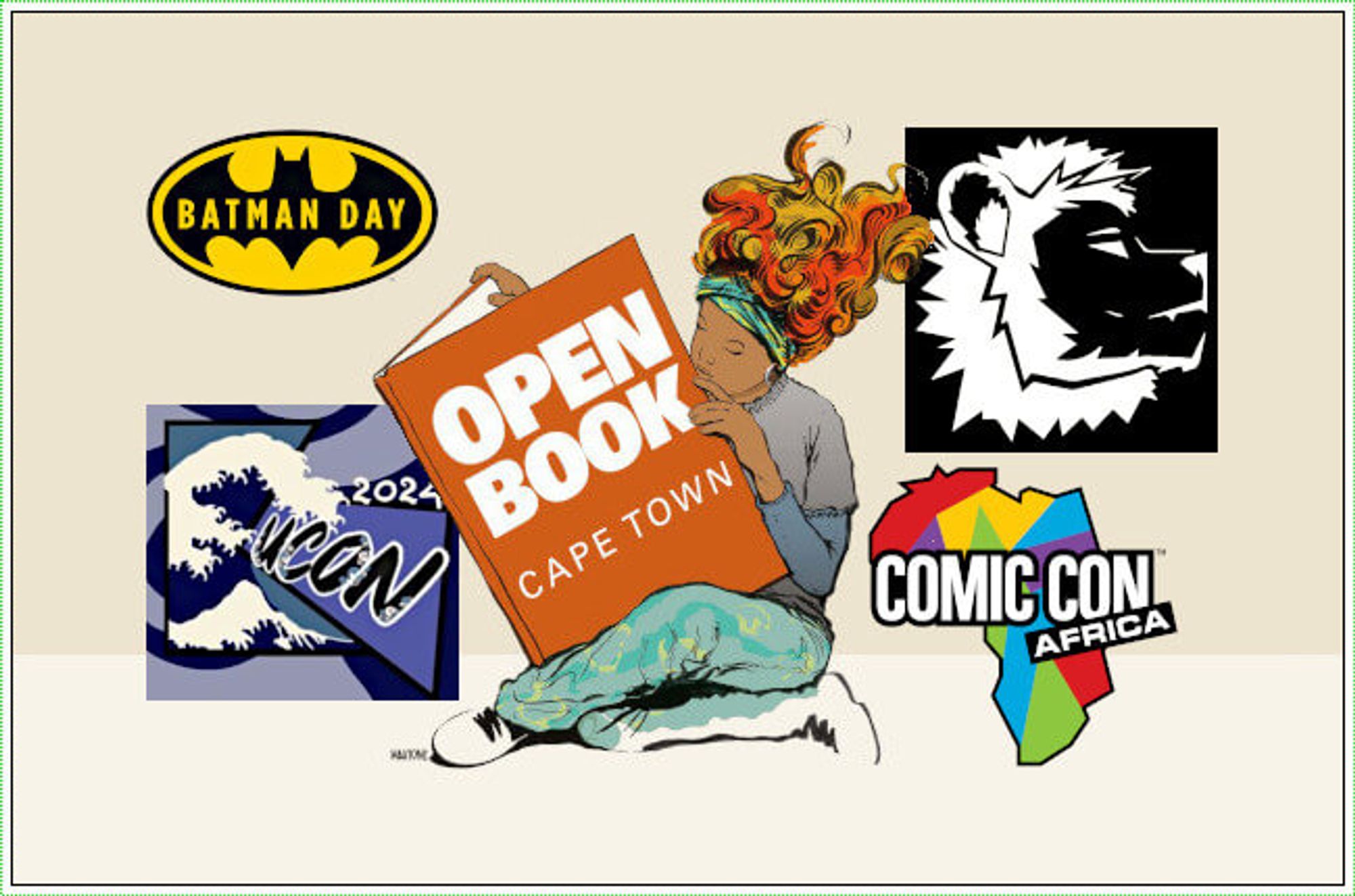 The logos of all the events featuring comics and #sacomics creators in September 2024 in South Africa: Batman Day, UCON, Open Book Festival, South Afrifur Convention, and Comic Con Africa.