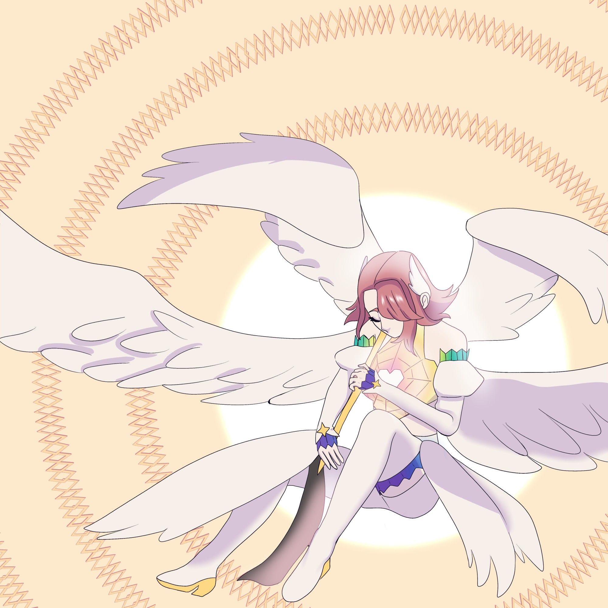 An angelic woman with six white wings and pink hair. She has a rainbow stained glass motif to her outfit and is holding the remains of a golden sword.