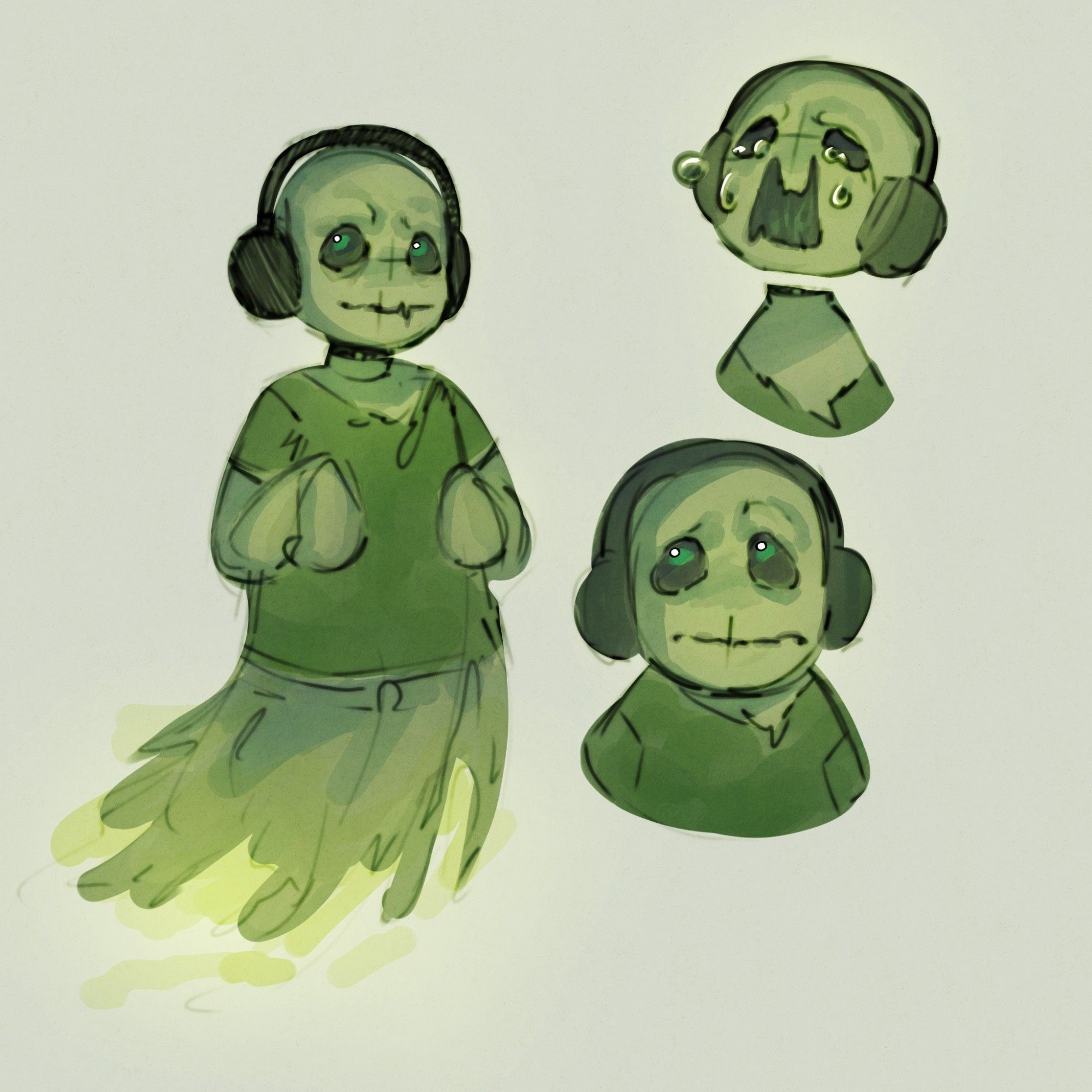 Ilustração de uma criança fantasma verde com fones de ouvido pretos