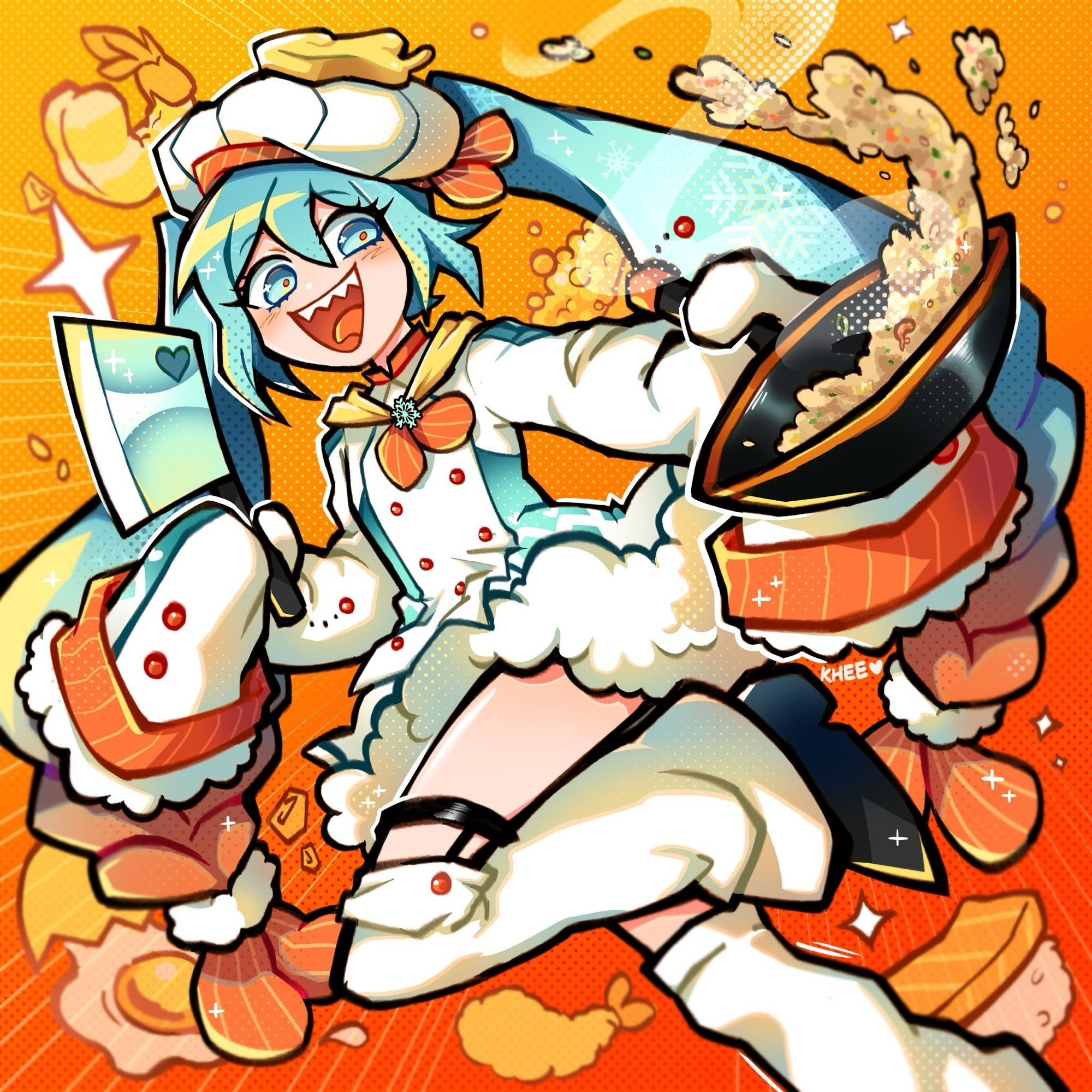 artwork of shrimpku frying rice (snow miku design by ricedeity) this artwork was included as an extra print for the shrimpku plushie preorder hosted by pierrotsdoll