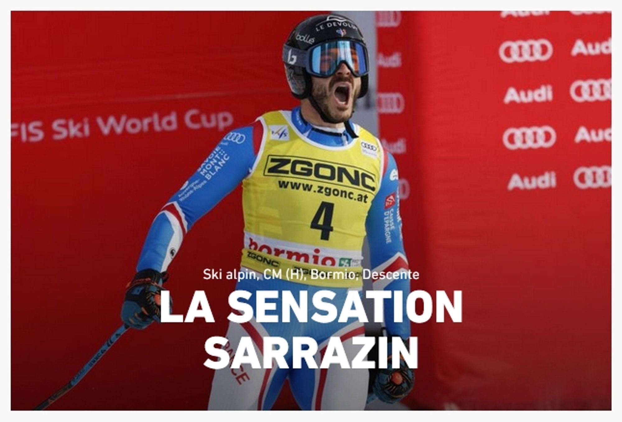 Article de L'Equipe avec comme titre "La sensation Sarrazin" en rapport avec la victoire ce jour de Cyprien Sarrazin en ski alpin