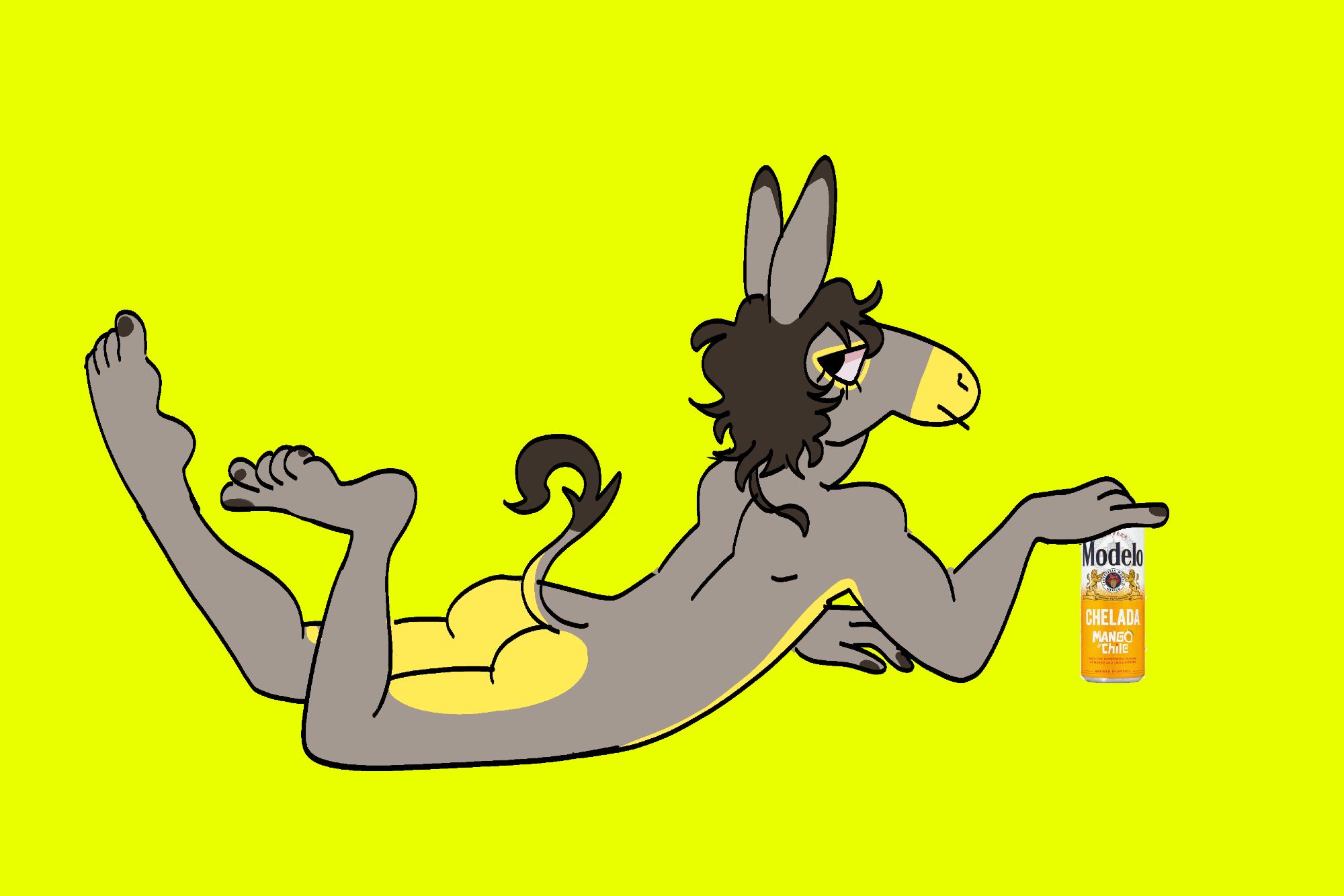 an anthro/furry donkey, gray with yellow nose and butt, with wavy hair. they are lying on their stomach with their butt showing, looking back at the viewer. they are propped on their elbows, enjoying a canned modelo mango michelada. the background is bright yellow-ish green.