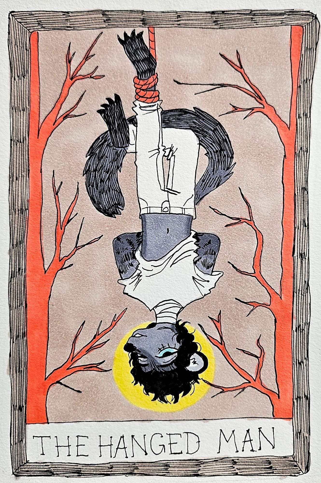 an illustration of the Hanged Man tarot card. a dark gray civet character hangs upside down from a red rope. he is framed by red trees. his hands are behind his back, possibly bound. his head is halo'd in yellow. he is smiling mildly, pleased to be in his position.