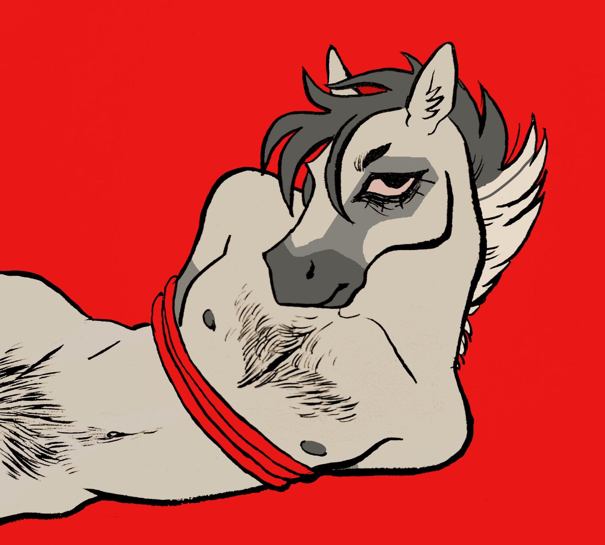 a digital illustration of an anthropomorphic horse bound in red rope