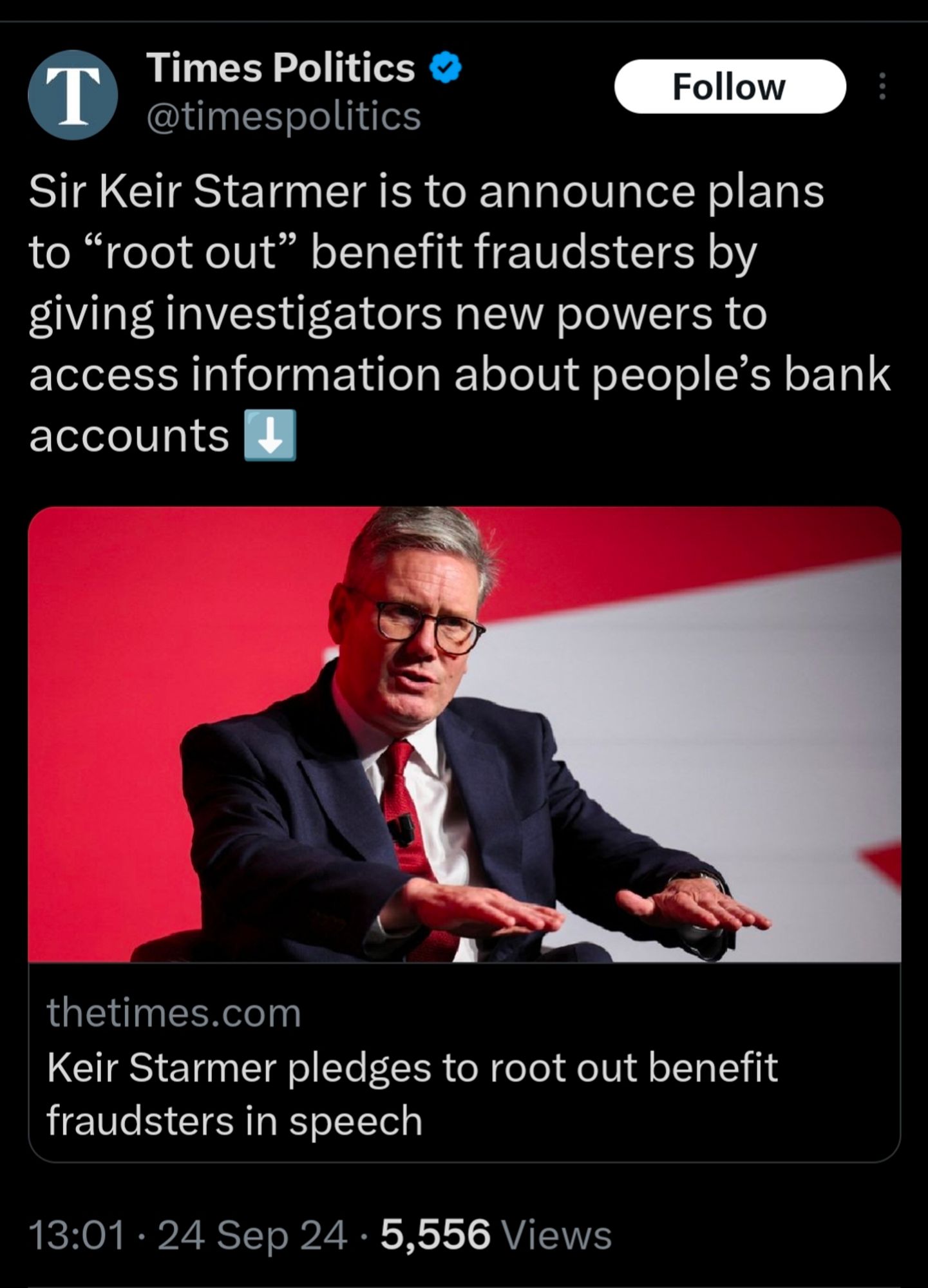 From the times: Sir Keir Starmer is to announce plans to “root out” benefit fraudsters by giving investigators new powers to access information about people’s bank accounts