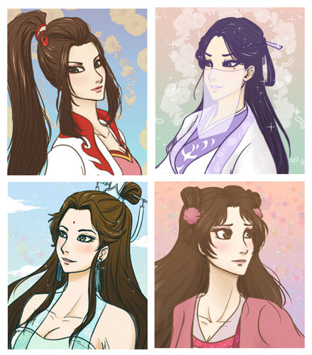 portrait collage of mxtx ladies or "ladies" against pastel floral and cloud backgrounds - Wen Qing, Liu Mingyan, Lady Windmaster and "Mianmian" Luo Qingyang