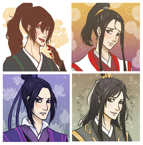 portrait collage of Grandmaster of Demonic Cultivation male characters - donghua Xue Yang in city clothing, donghua young Wen Ning, donghua Jiang Cheng, donghua Nie Huaisang