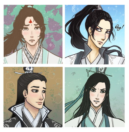 portrait collage of Scum Villain Self-Saving System male characters - young disciple Luo Binghe crying, donghua Liu Qingge, donghua Yue Qingyuan, and manhua Shen Qingqiu (original goods, maybe combined with fan design)