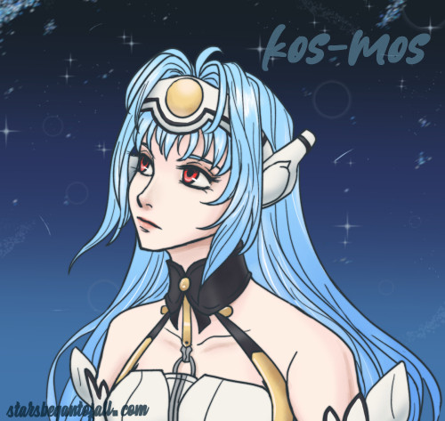 portrait of Kos-mos from Xenosaga looking somberly upward into space