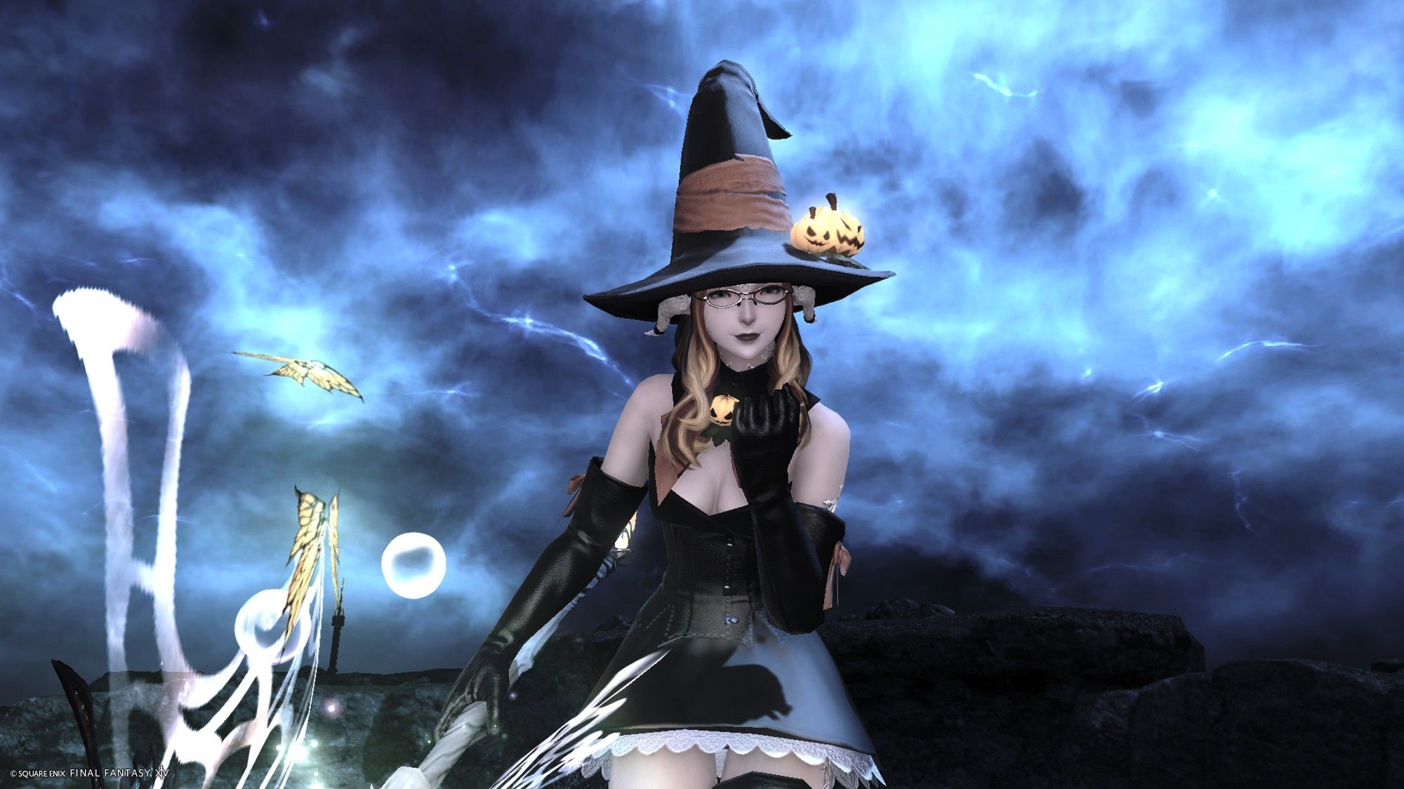 Lucy stands against a stormy sky in her witch outfit, wielding her staff