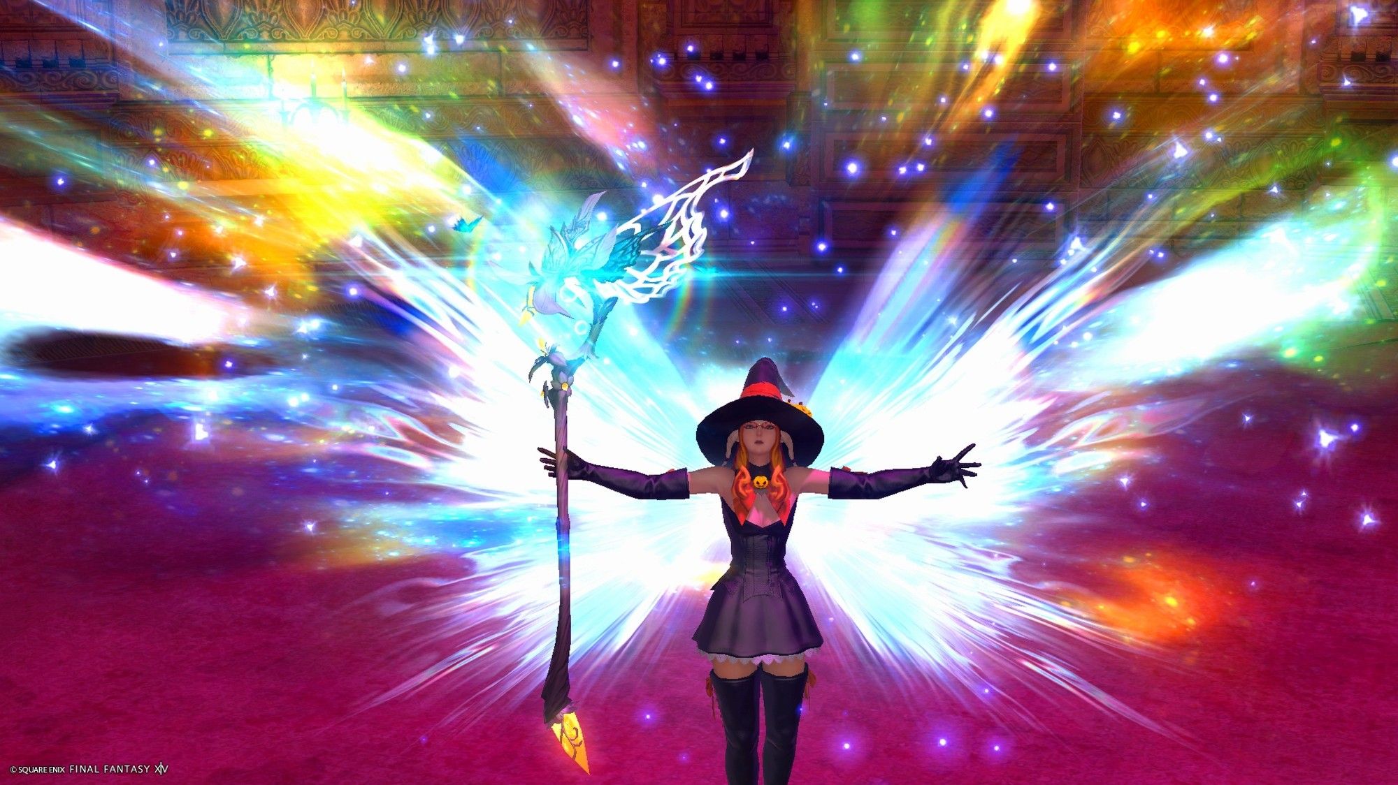 Lucy the witch summons glowy wings. In technicolour