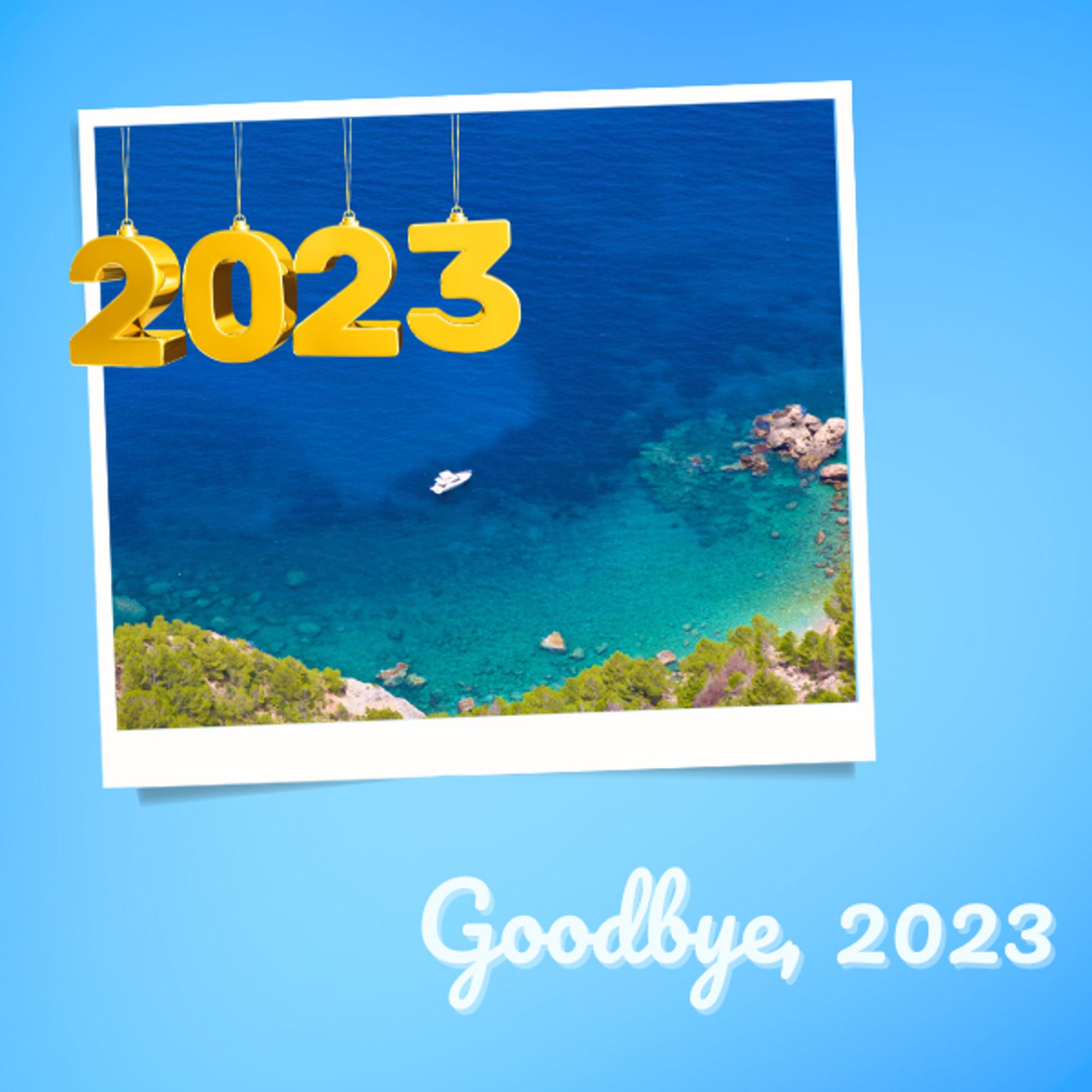 Blog illustration with seaview in Mallorca and the year's letters 2023 • Text: Goodbye, 2023"